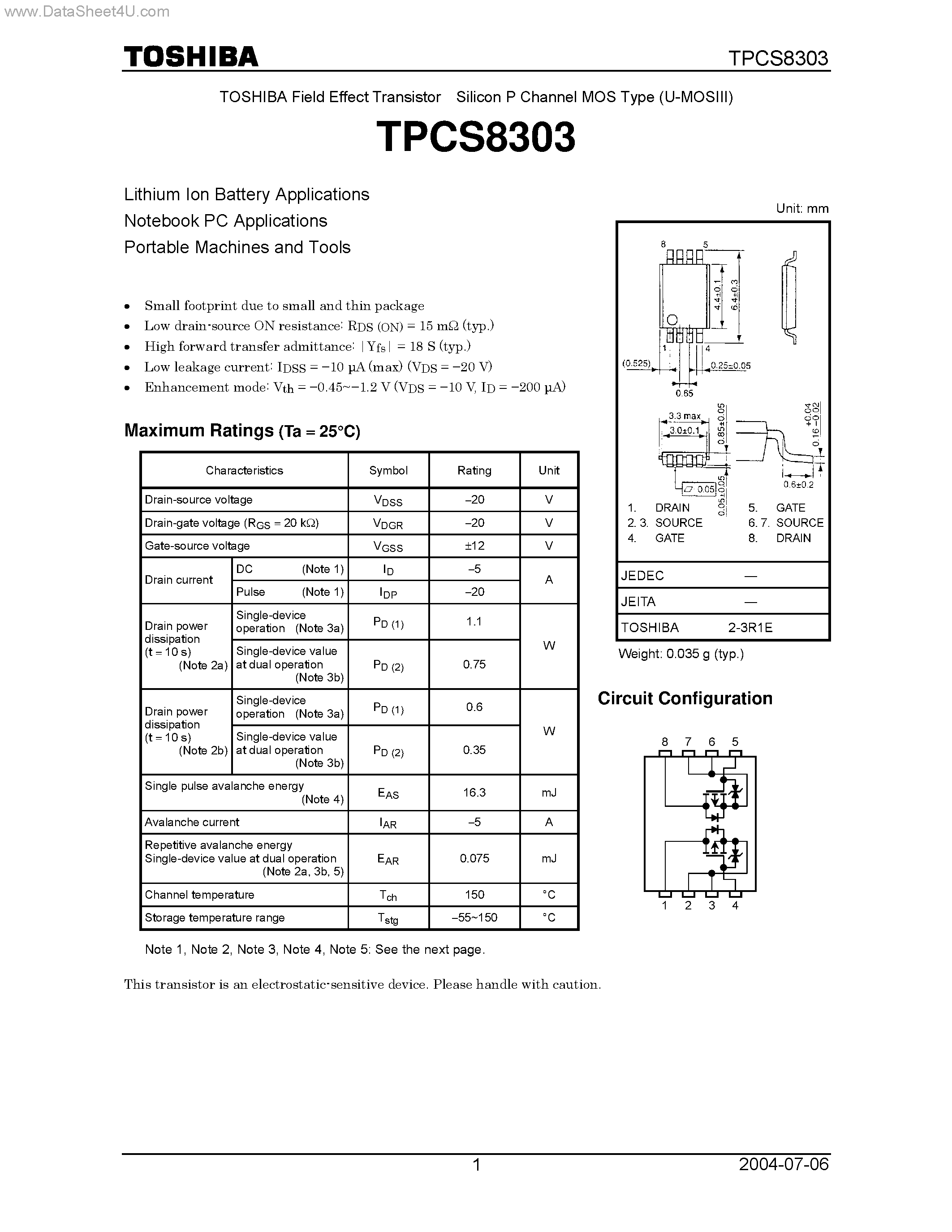 Datasheet TPCS8303 - TOSHIBA Field Effect Transistor Silicon P Channel MOS Type page 1