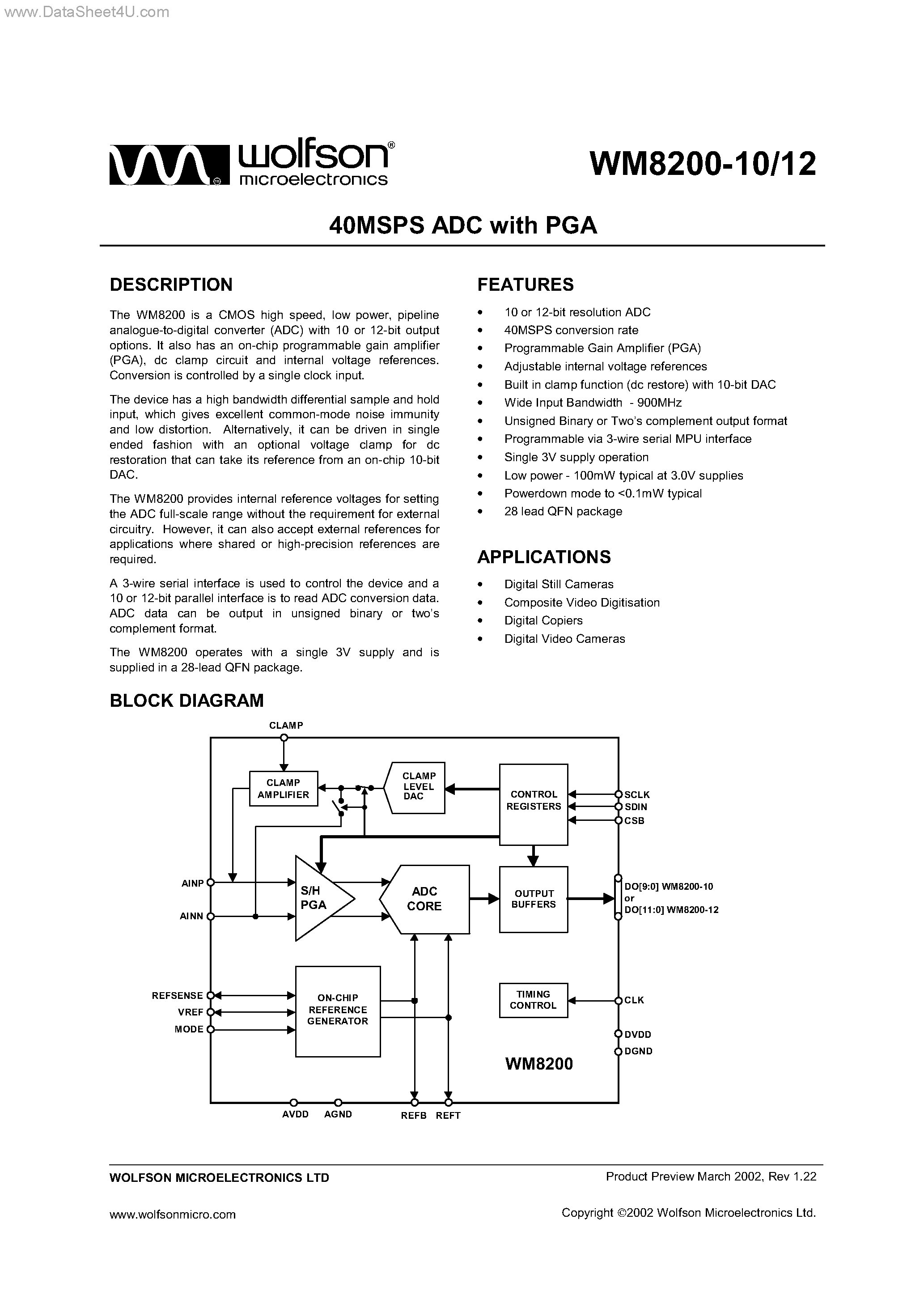 Datasheet WM8200 - 40MSPS ADC page 1