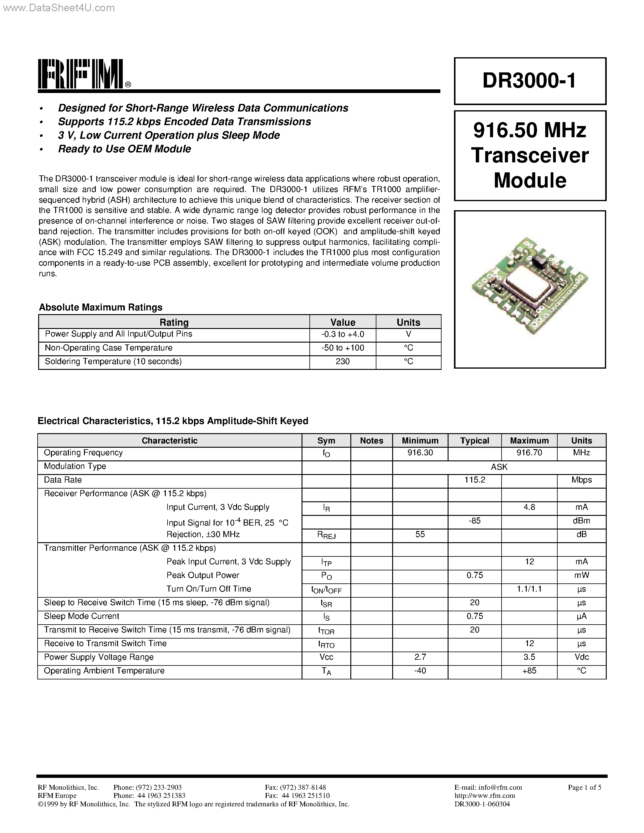 Даташит DR3000-1 - 916.50 MHz Transceiver Module страница 1