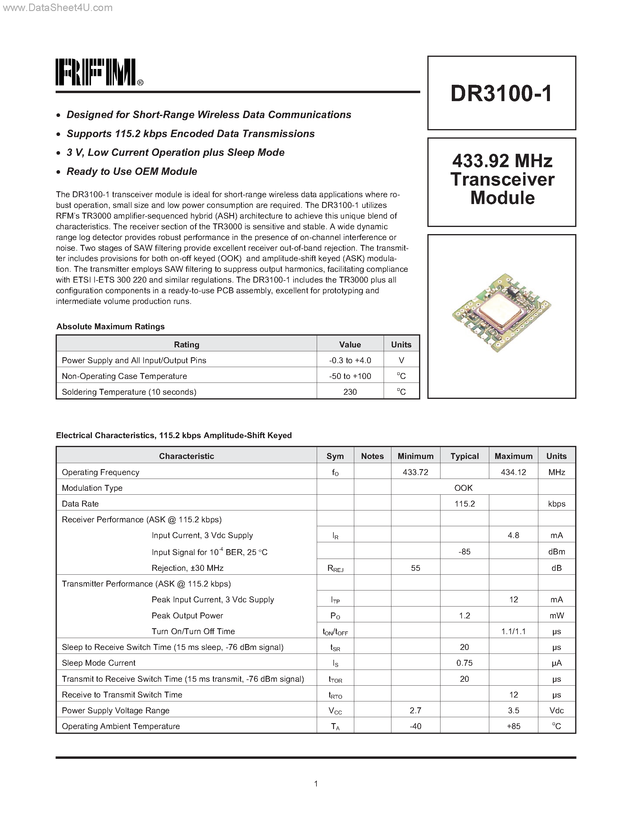 Даташит DR3100-1 - 433.92 MHz Transceiver Module страница 1