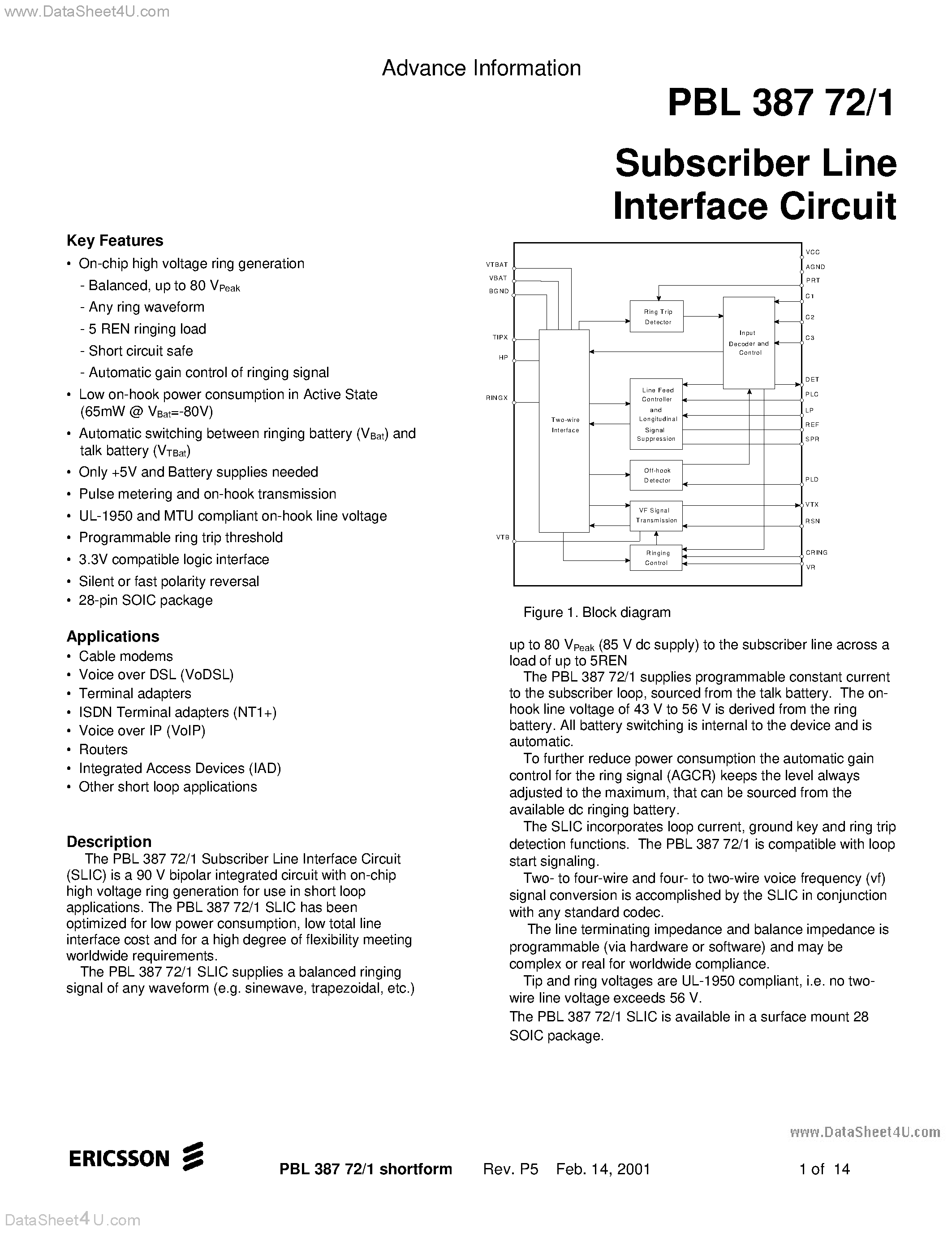 Datasheet PBL38772/1 - Subscriber Line Interface Circuit page 1