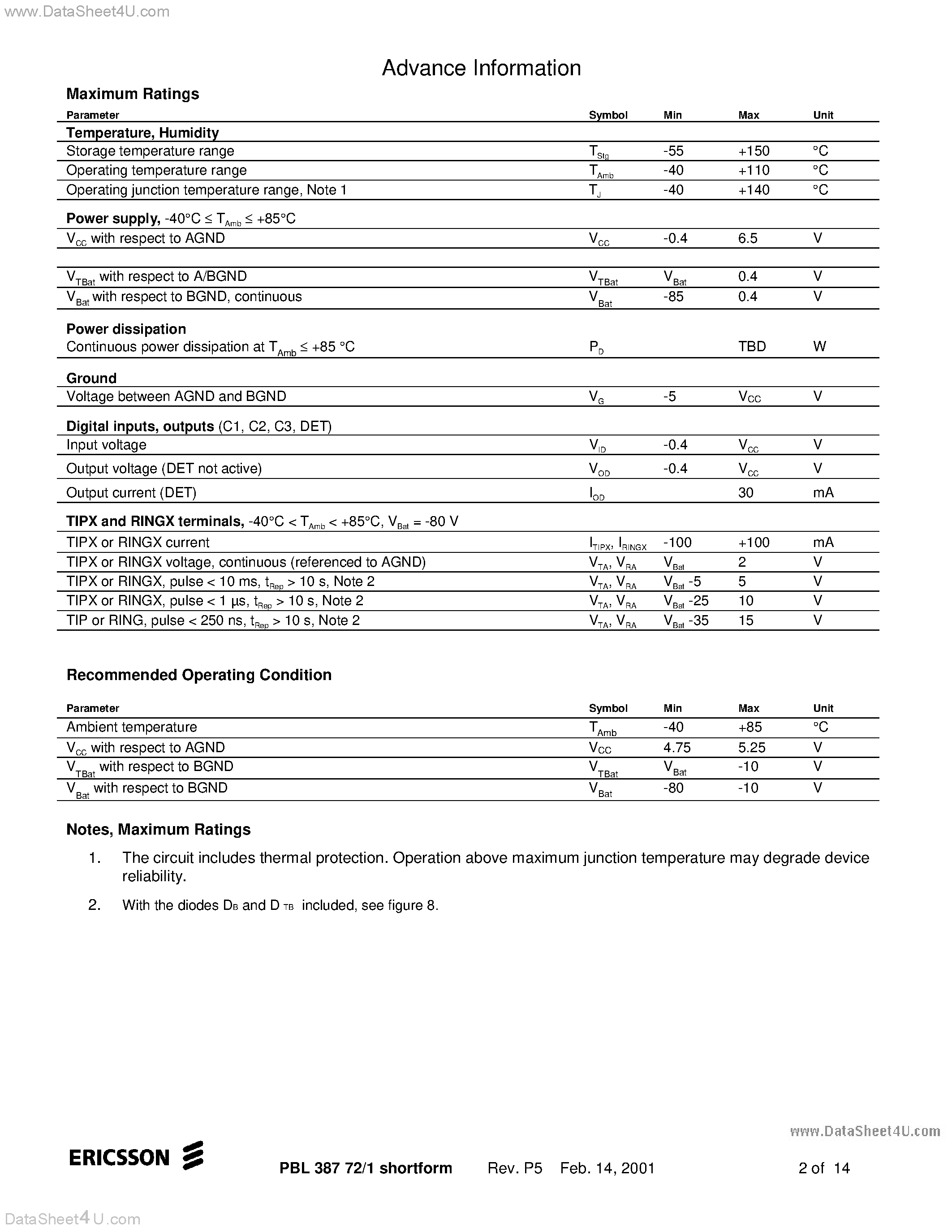 Datasheet PBL38772/1 - Subscriber Line Interface Circuit page 2