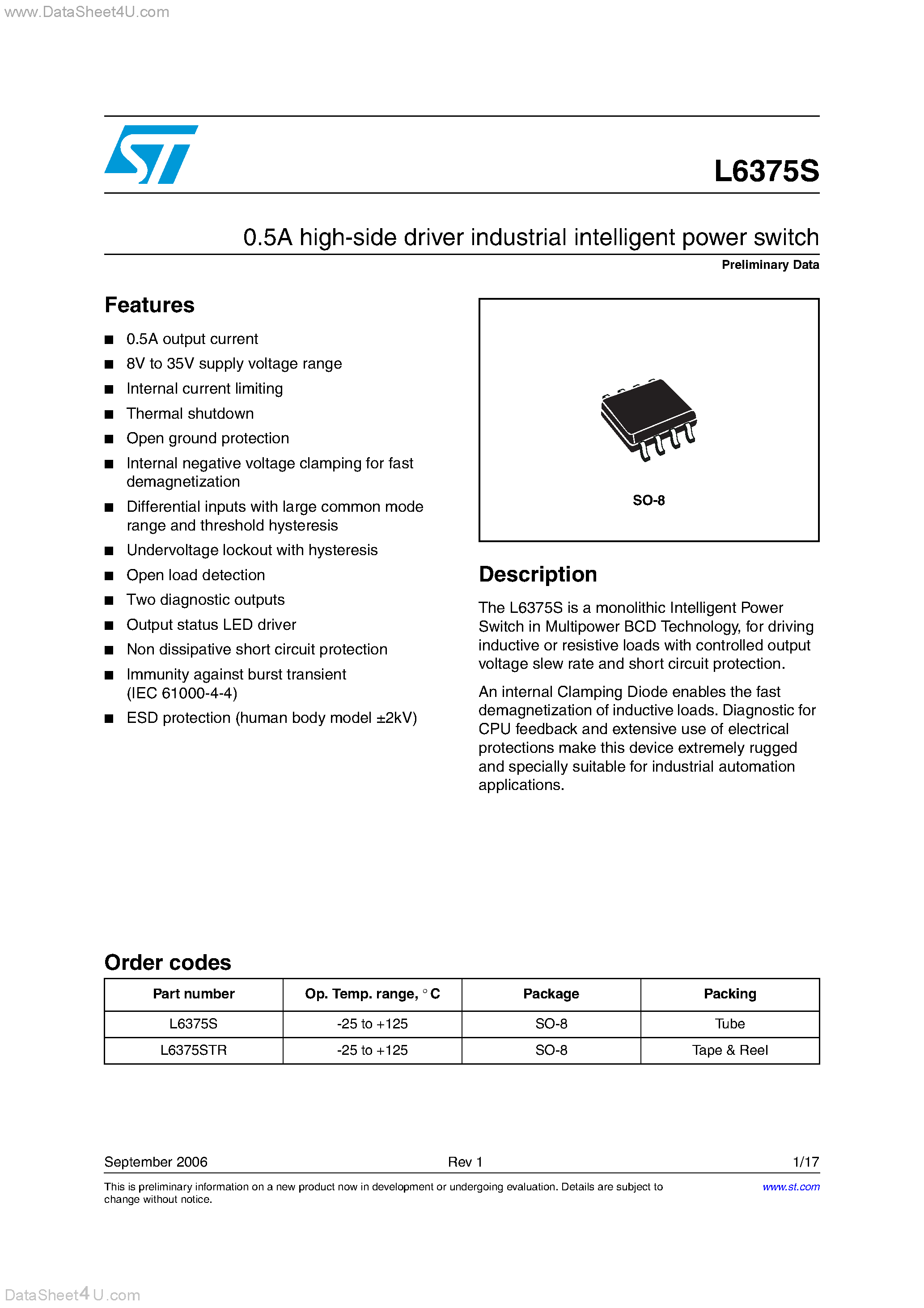 Datasheet L6375S page 1 Datasheet L6375S - 0.5A High Side Driver Industrial Intelligent Power Switch page 1
