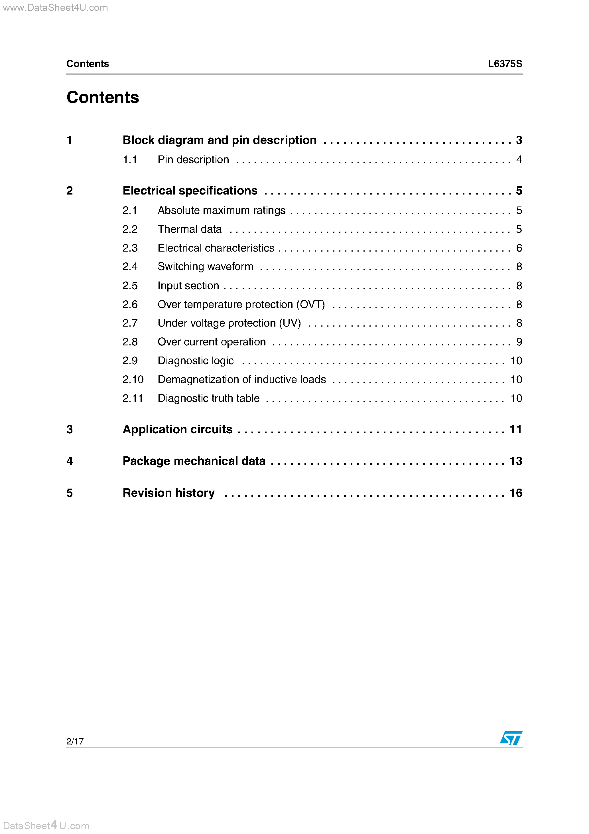 Datasheet L6375S page 2 Datasheet L6375S - 0.5A High Side Driver Industrial Intelligent Power Switch page 2