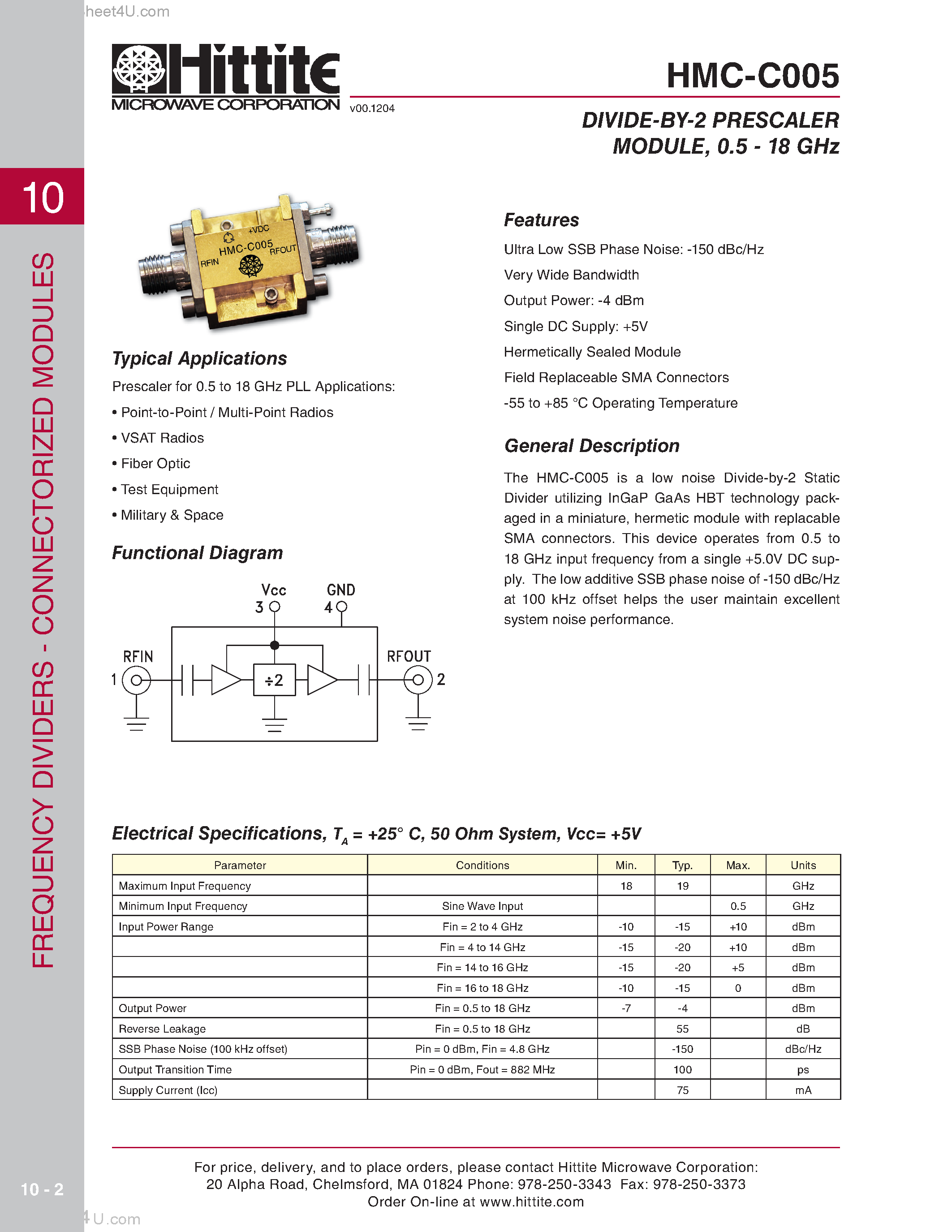 Даташит HMC-C005 - DIVIDE-BY-2 PRESCALER MODULE страница 1