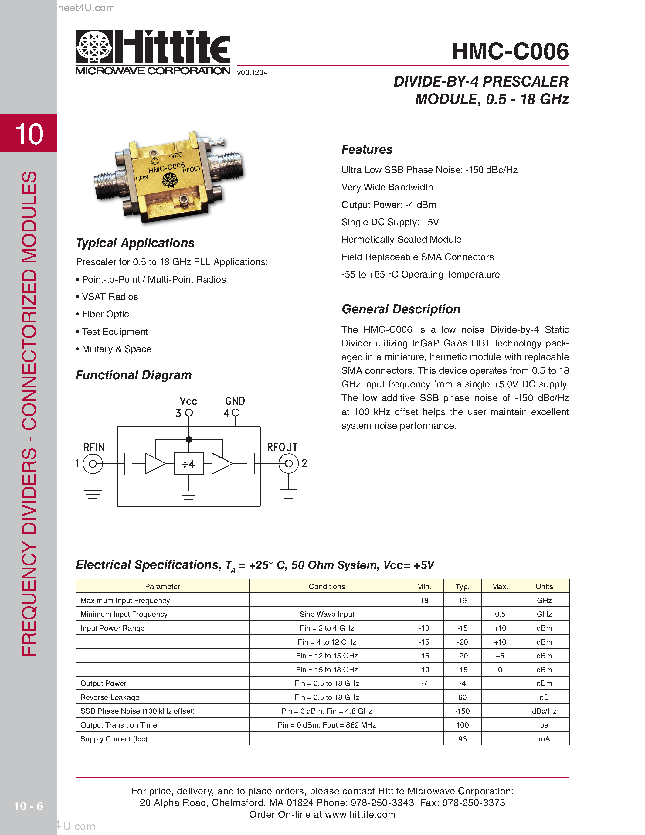Даташит на микросхему HMC-C006 страница 1 Даташит HMC-C006 - DIVIDE-BY-4 PRESCALER MODULE страница 1