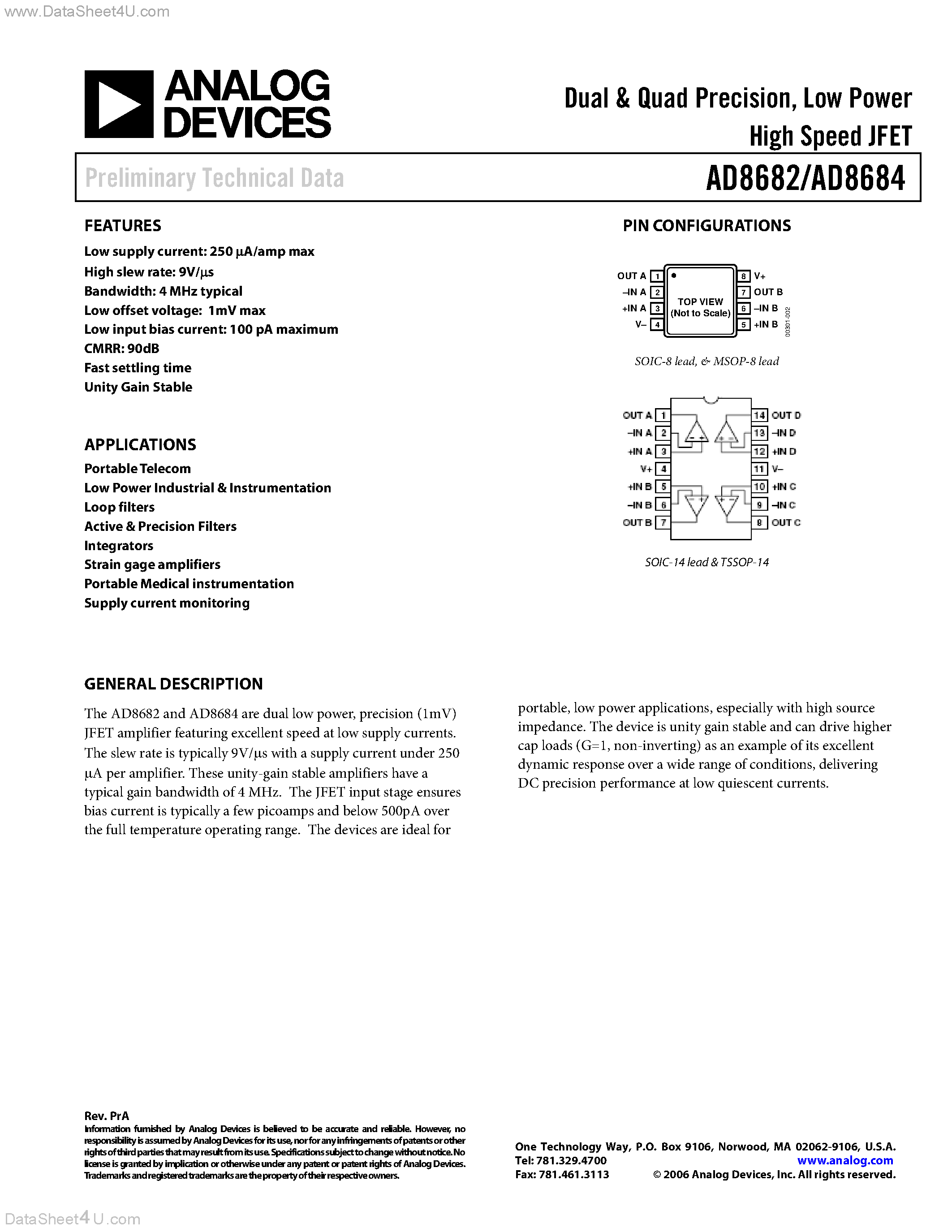 Даташит AD8682 - (AD8682 / AD8684) Dual & Quad Precision JFET страница 1