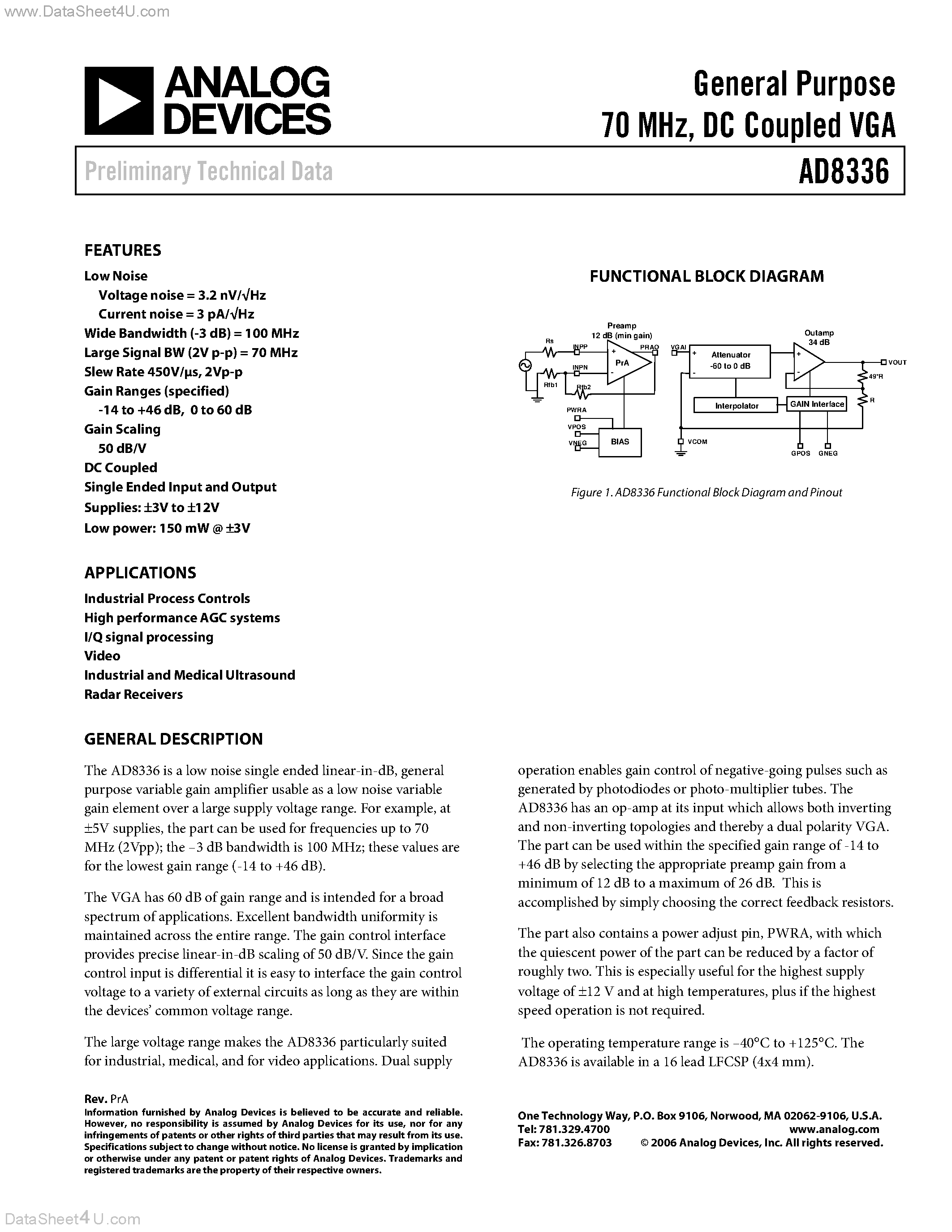Datasheet AD8336 - General Purpose DC Coupled VGA page 1