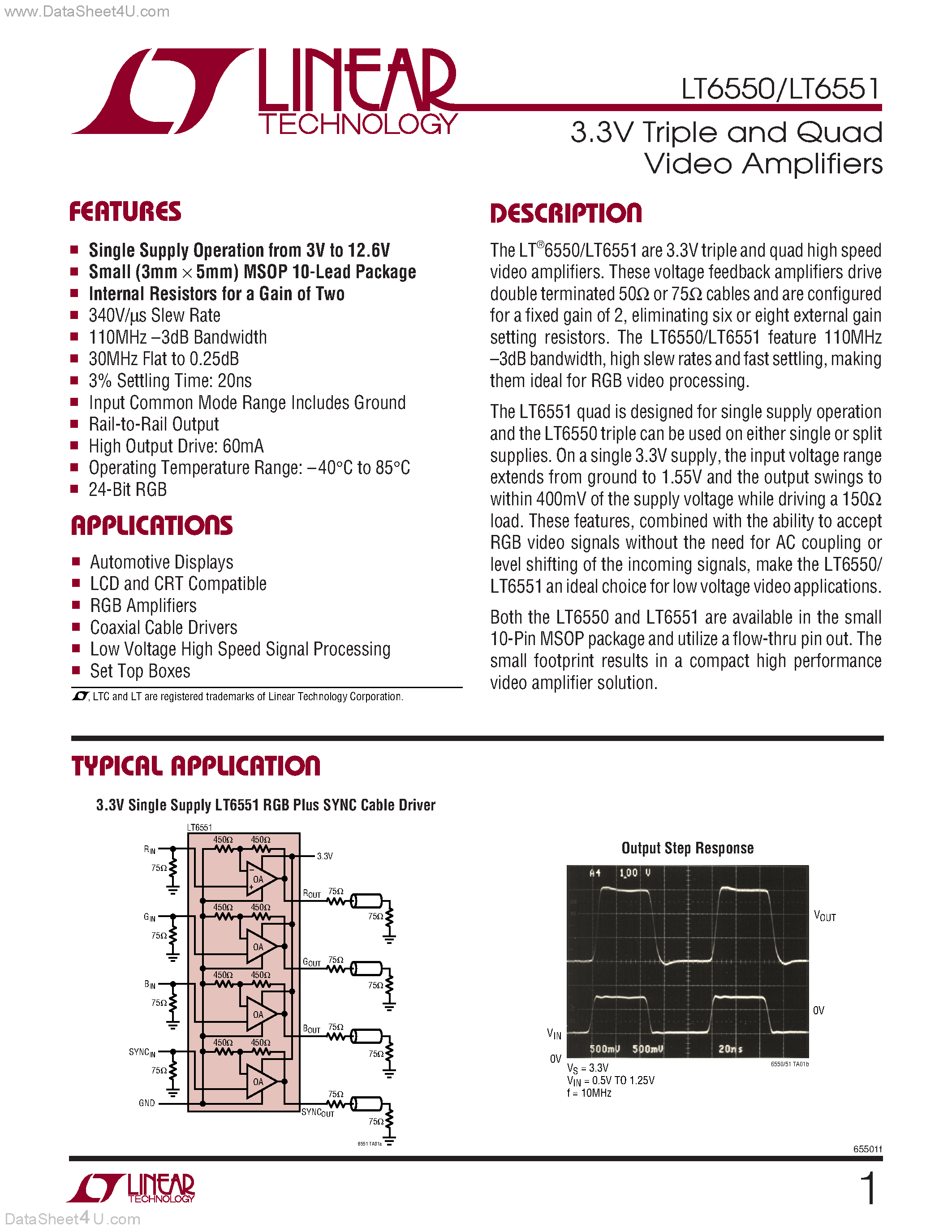 Datasheet LT6550 - (LT6550 / LT6551) 3.3V Triple and Quad Video Amplifiers page 1