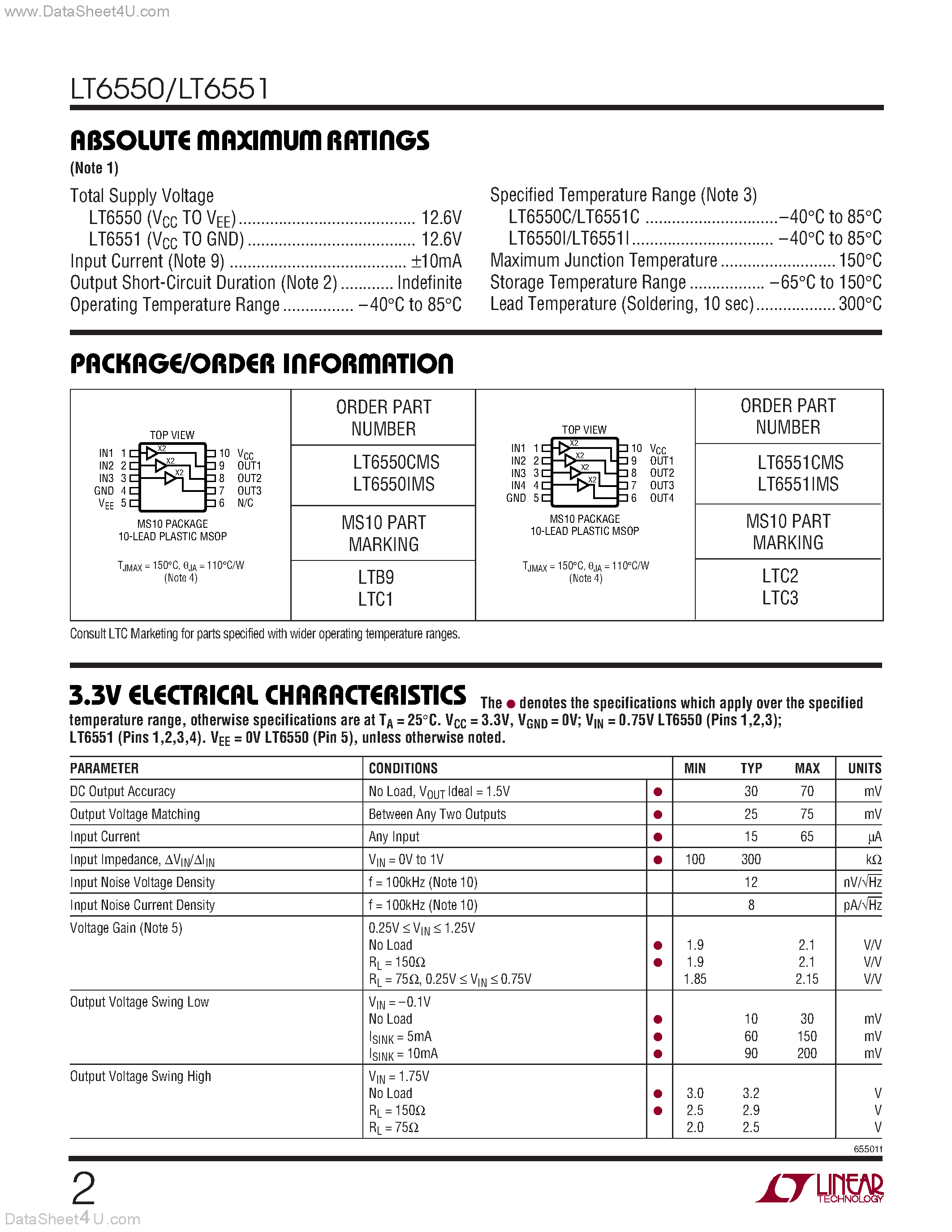 Datasheet LT6550 - (LT6550 / LT6551) 3.3V Triple and Quad Video Amplifiers page 2