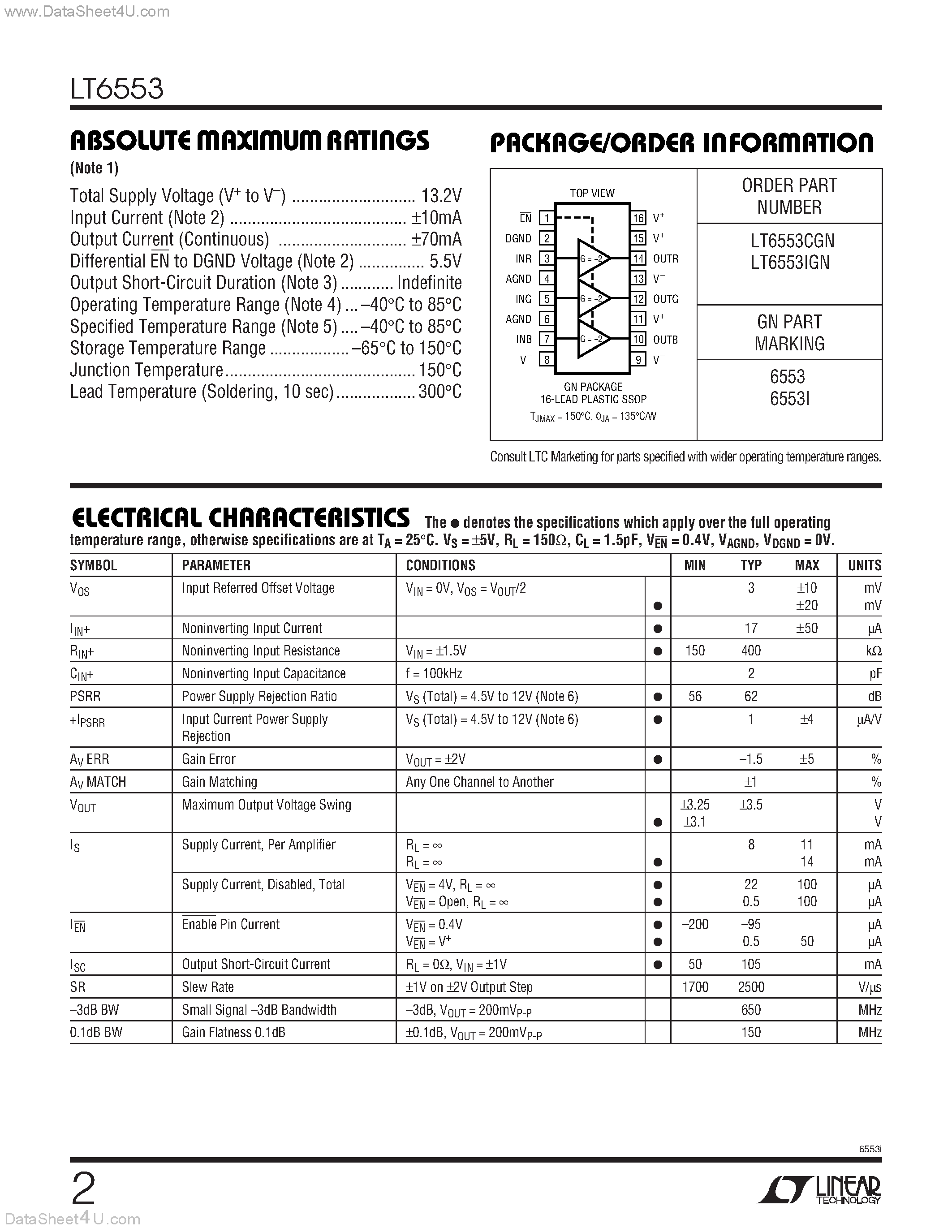 Даташит на микросхему LT6553 страница 2 Даташит LT6553 - 650MHz Gain of 2 Triple Video Amplifier страница 2
