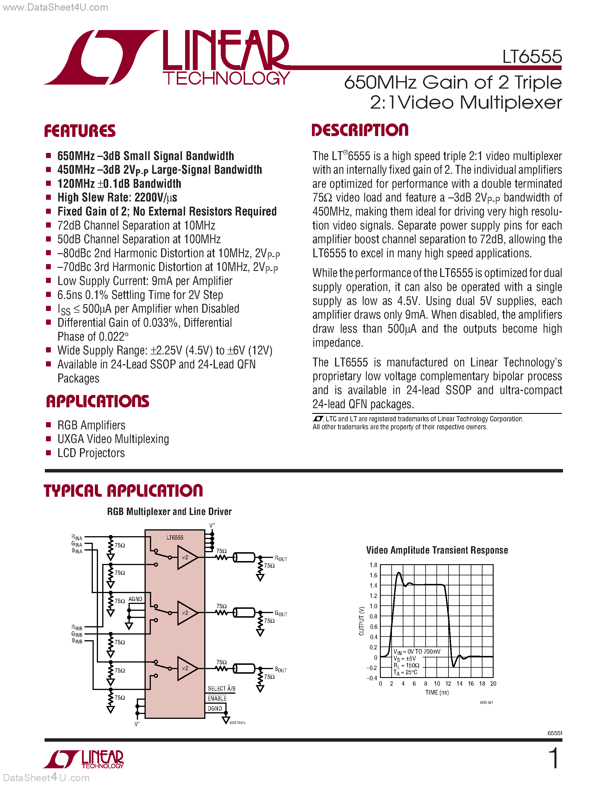 Datasheet LT6555 - 650MHz Gain of 2 Triple 2:1Video Multiplexer page 1