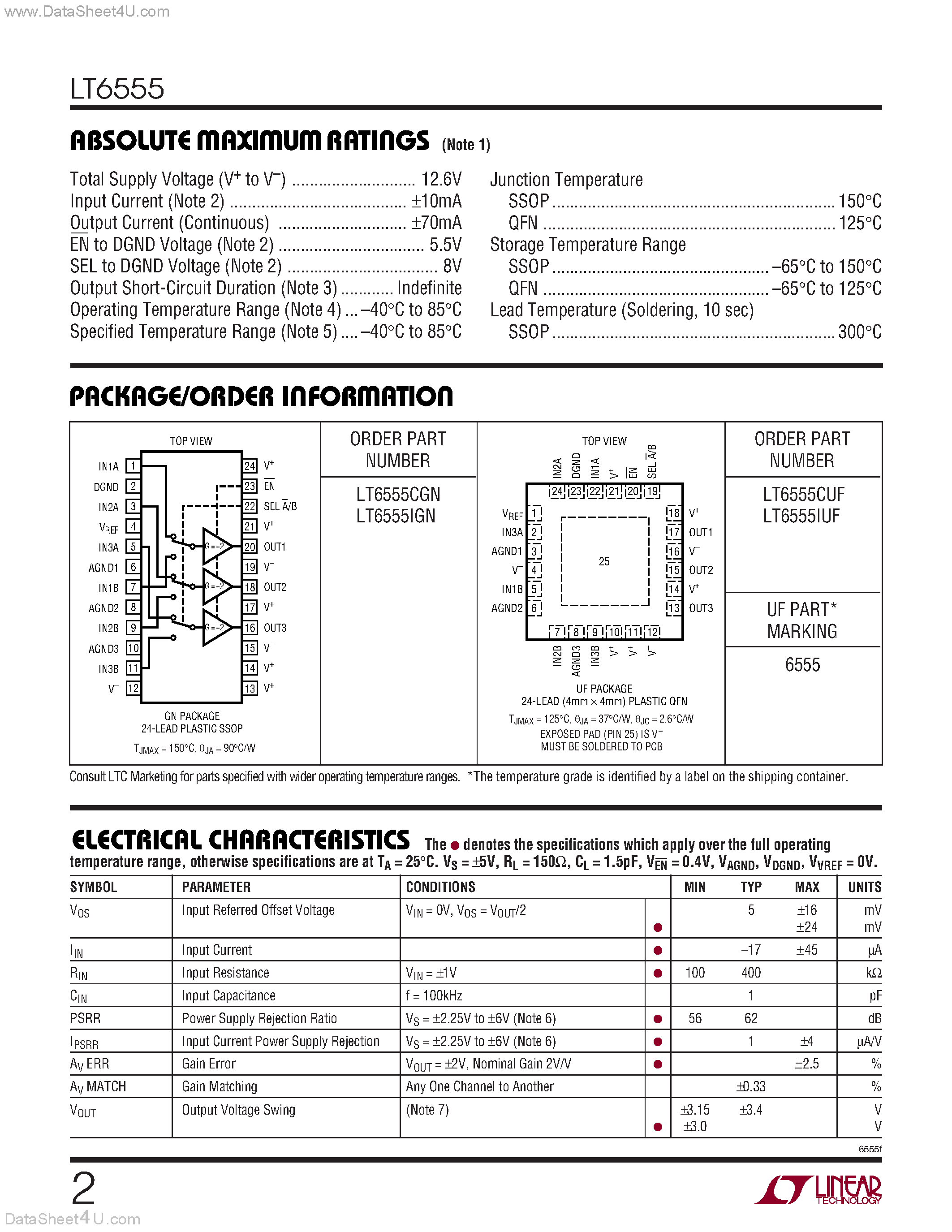 Datasheet LT6555 - 650MHz Gain of 2 Triple 2:1Video Multiplexer page 2