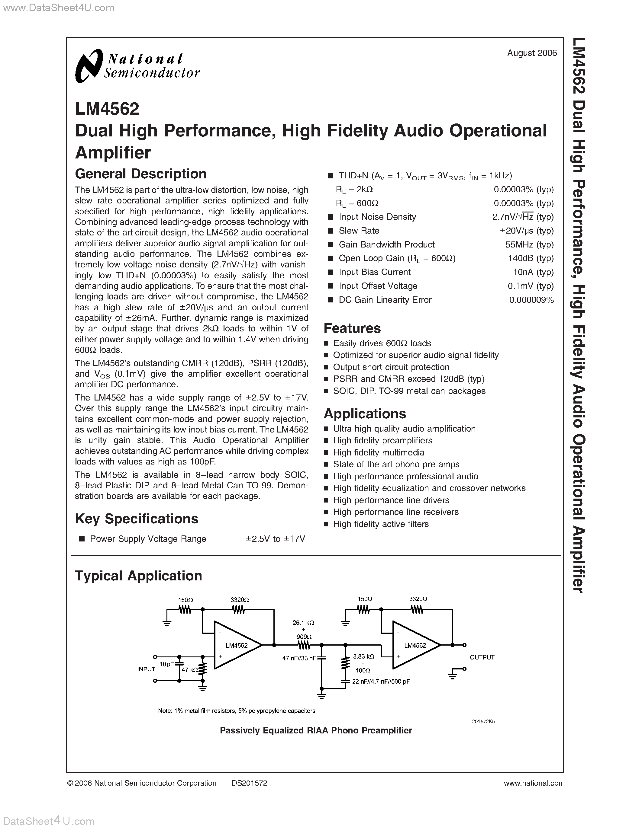 Datasheet LM4562 page 1 Datasheet LM4562 - High Fidelity Audio Operational Amplifier page 1
