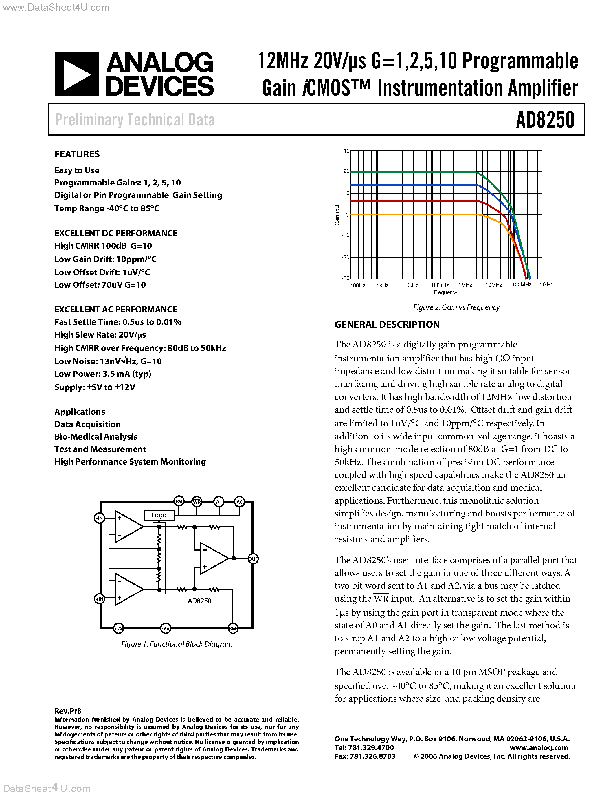 Datasheet AD8250 - programmable instrumentation amplifier page 1
