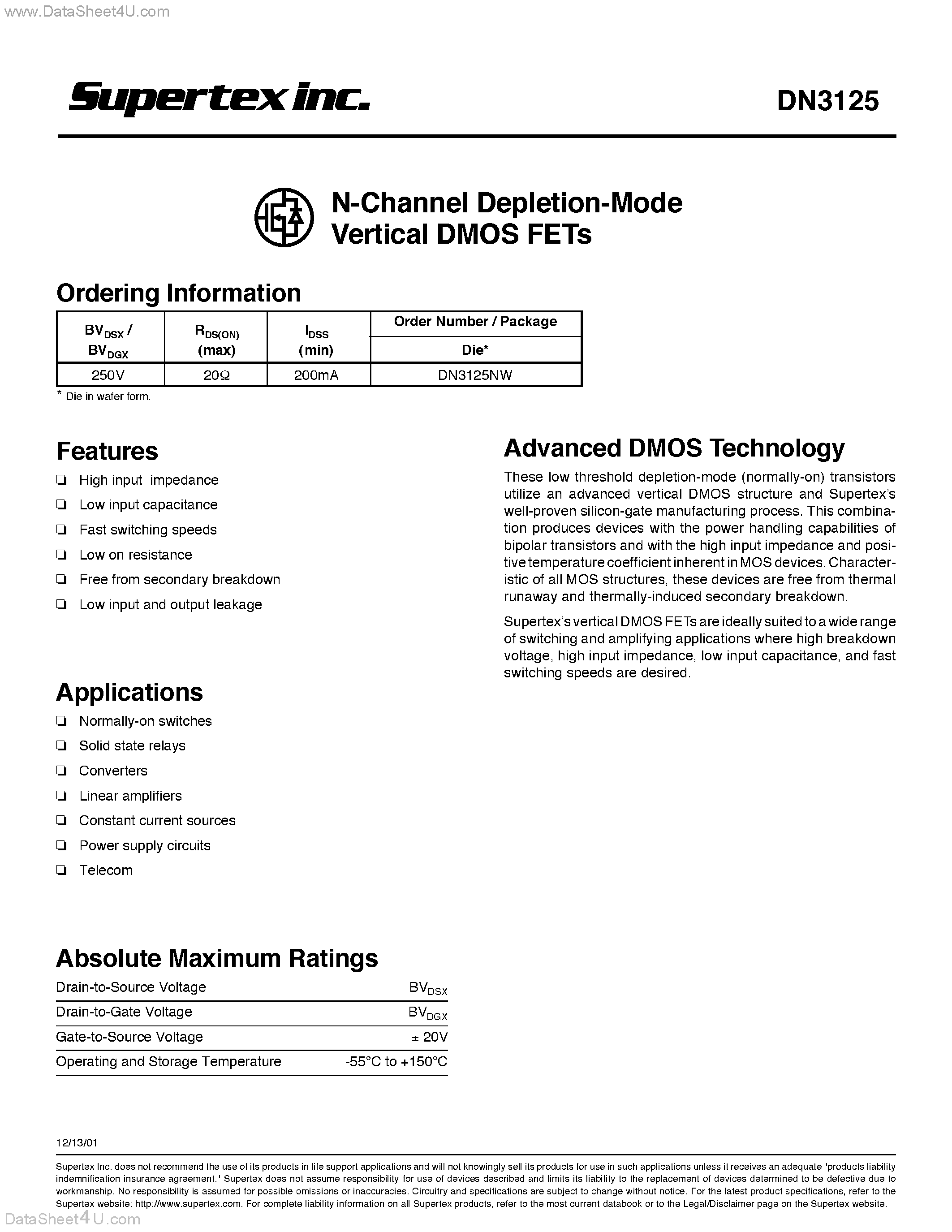 Datasheet DN3125 page 1 Datasheet DN3125 - N-Channel Depletion-Mode Vertical DMOS FETs page 1