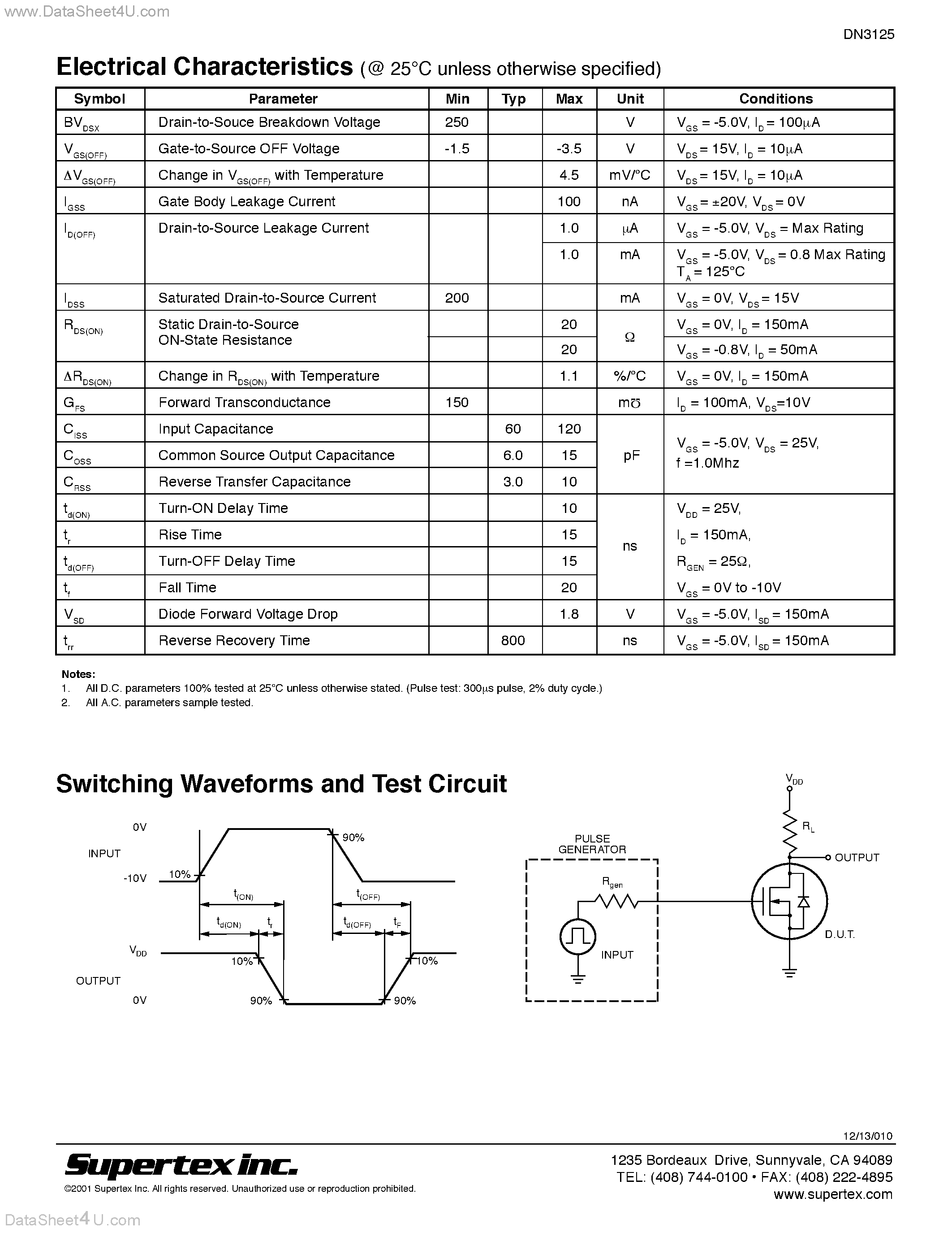 Datasheet DN3125 page 2 Datasheet DN3125 - N-Channel Depletion-Mode Vertical DMOS FETs page 2