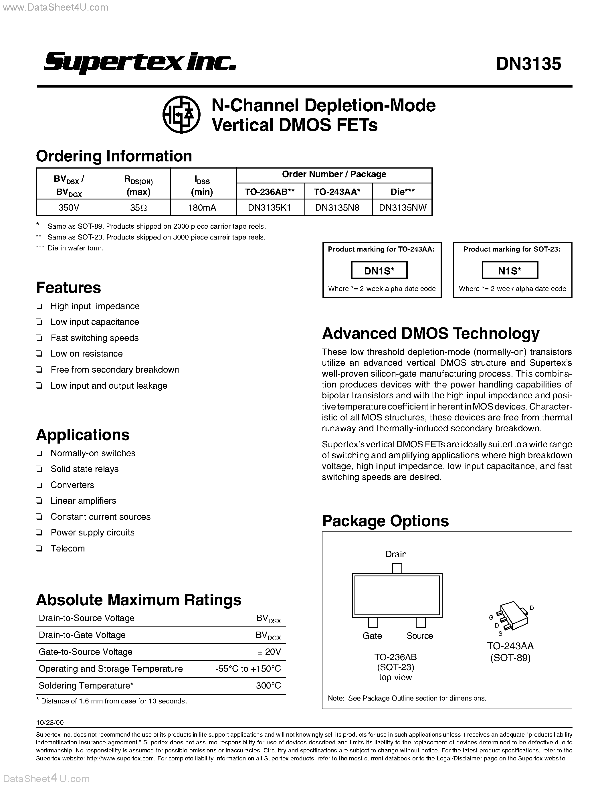 Datasheet DN3135 page 1 Datasheet DN3135 - N-Channel Depletion-Mode Vertical DMOS FETs page 1