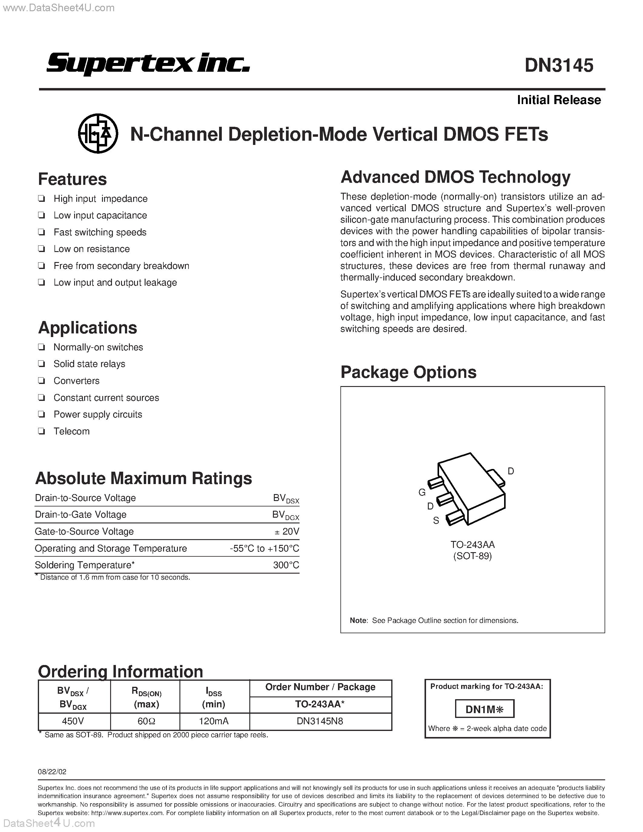Datasheet DN3145 page 1 Datasheet DN3145 - N-Channel Depletion-Mode Vertical DMOS FETs page 1