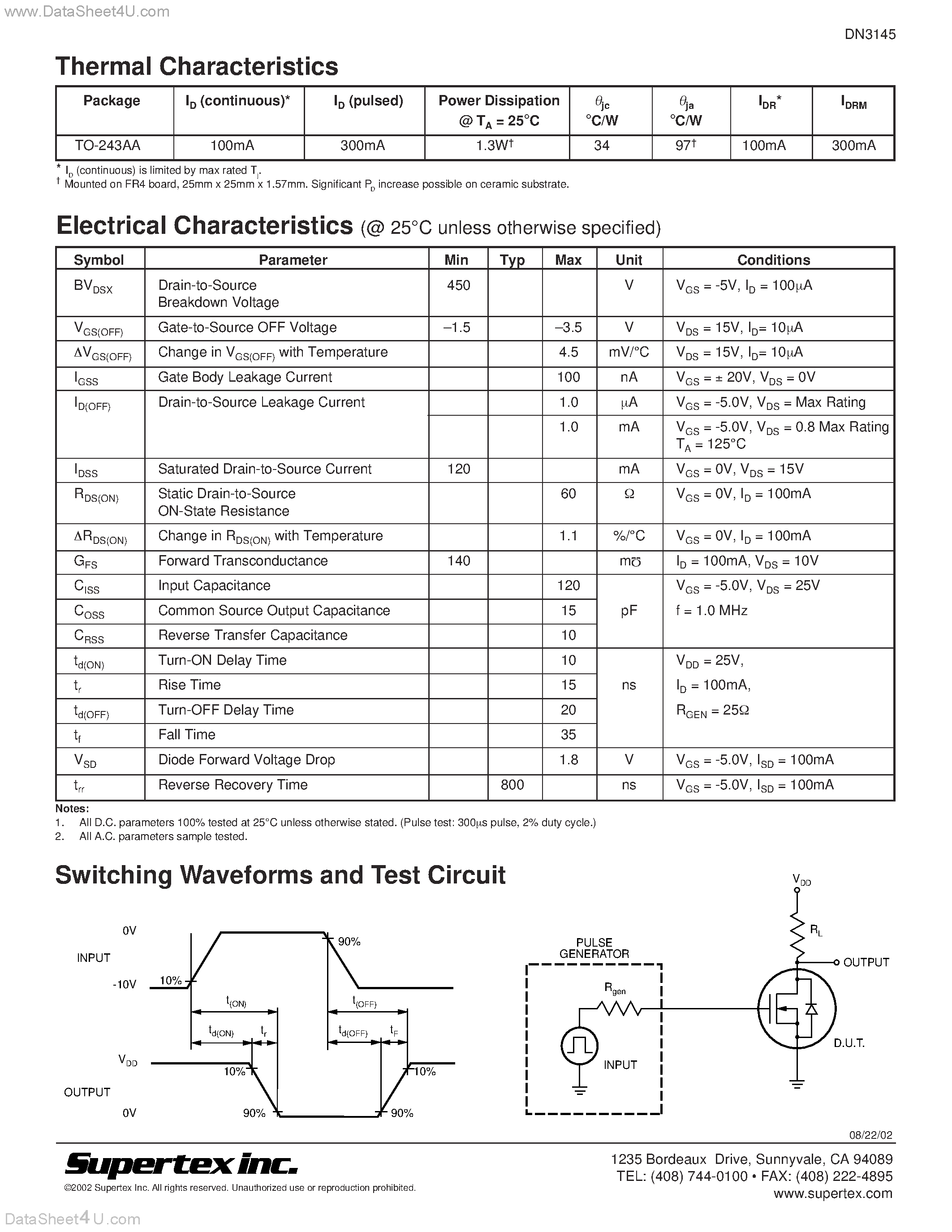 Datasheet DN3145 page 2 Datasheet DN3145 - N-Channel Depletion-Mode Vertical DMOS FETs page 2