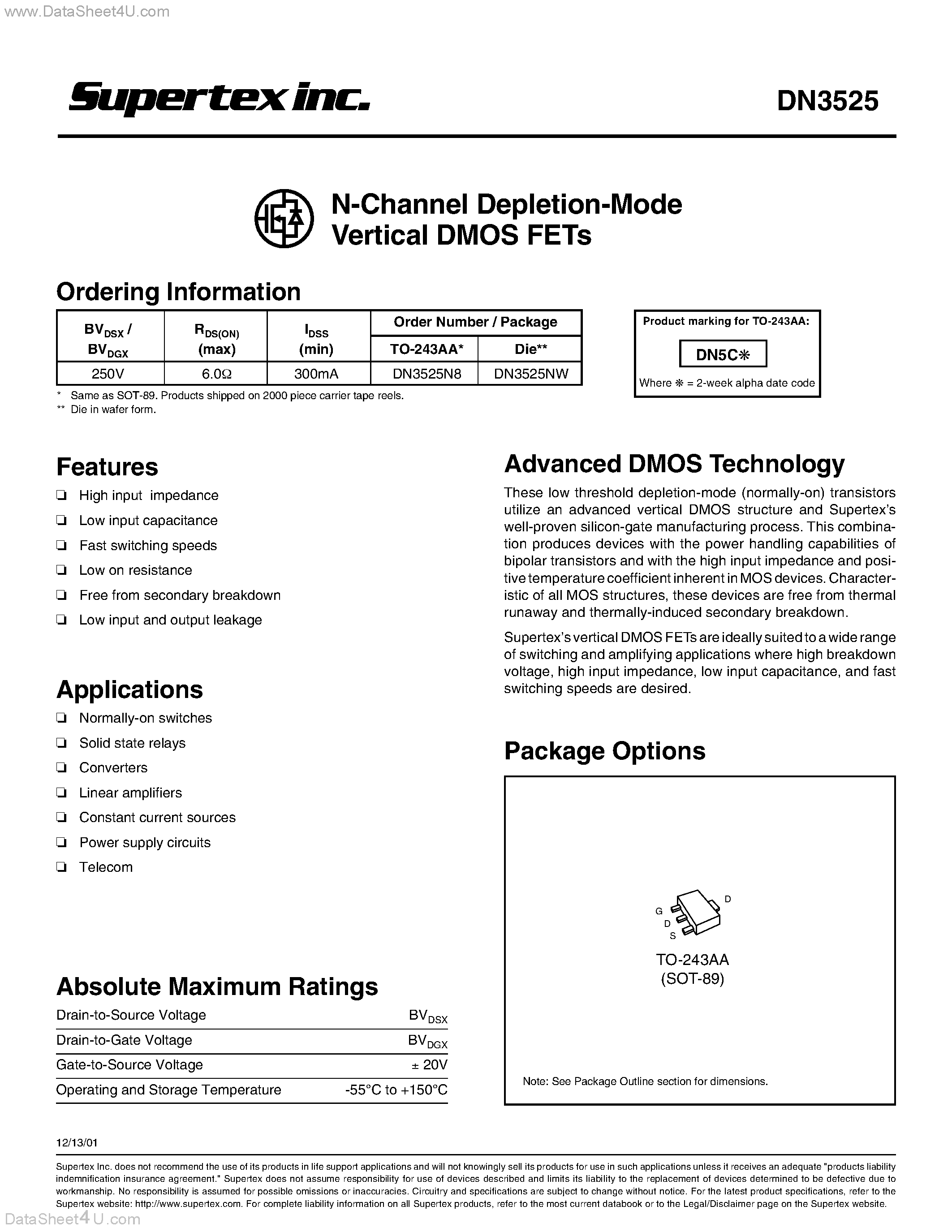 Datasheet DN3525 page 1 Datasheet DN3525 - N-Channel Depletion-Mode Vertical DMOS FETs page 1
