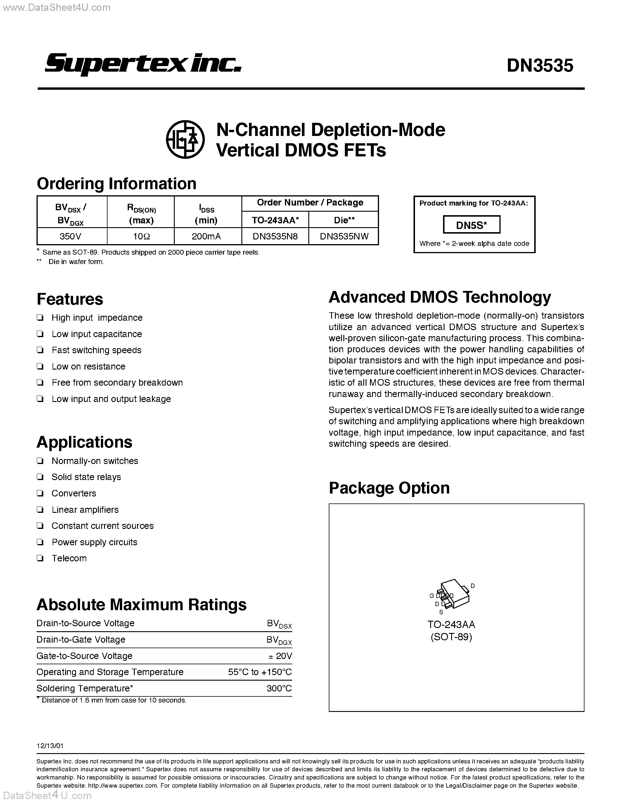 Datasheet DN3535 page 1 Datasheet DN3535 - N-Channel Depletion-Mode Vertical DMOS FETs page 1