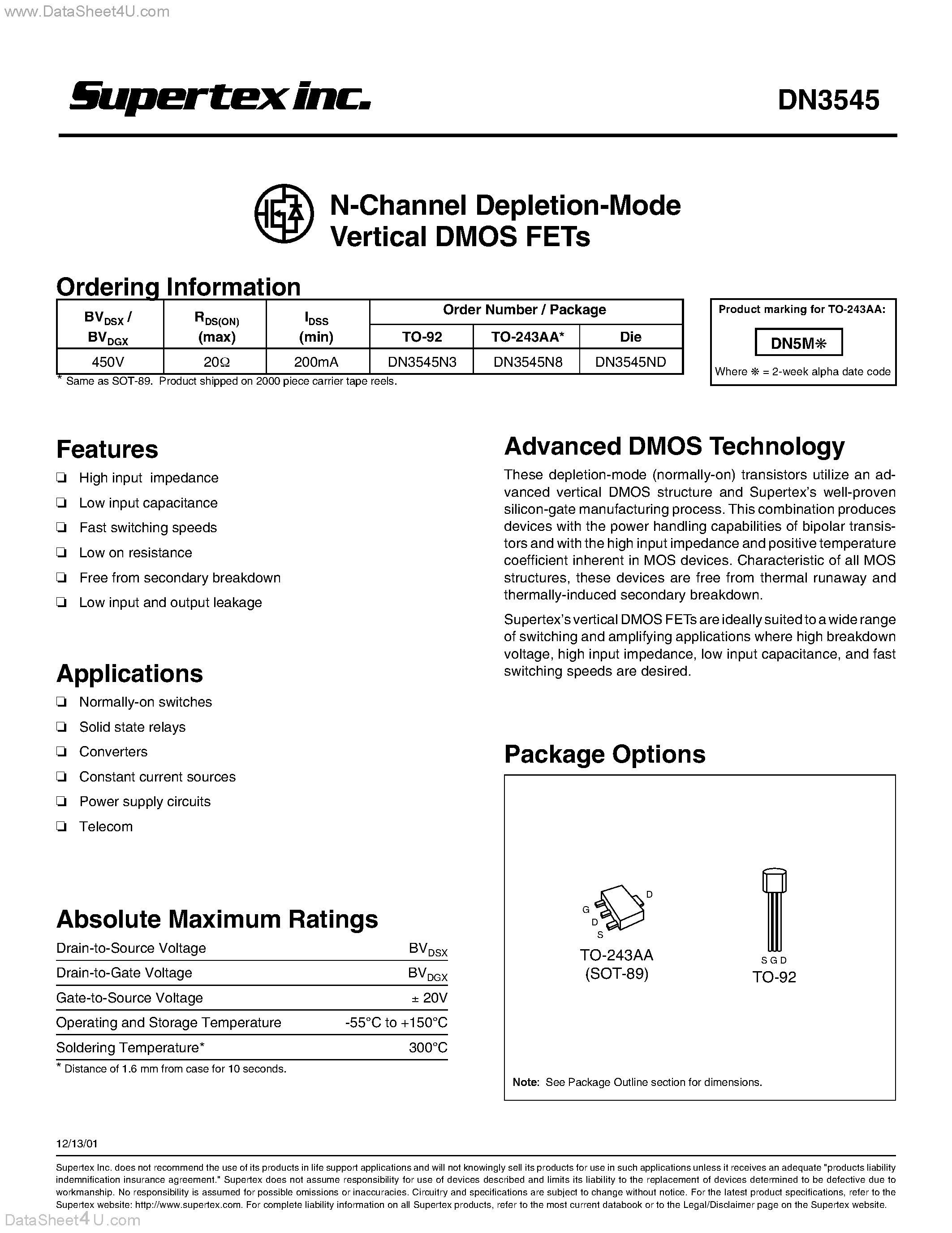 Datasheet DN3545 page 1 Datasheet DN3545 - N-Channel Depletion-Mode Vertical DMOS FETs page 1