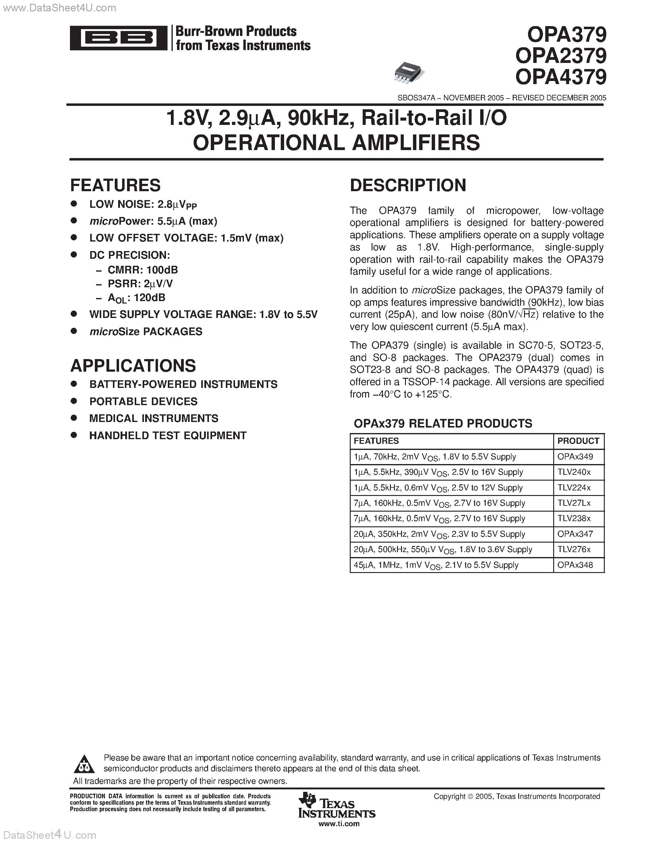 Datasheet OPA2379 page 1 Datasheet OPA2379 - (OPAx379) Rail-to-Rail I/O OPERATIONAL AMPLIFIERS page 1