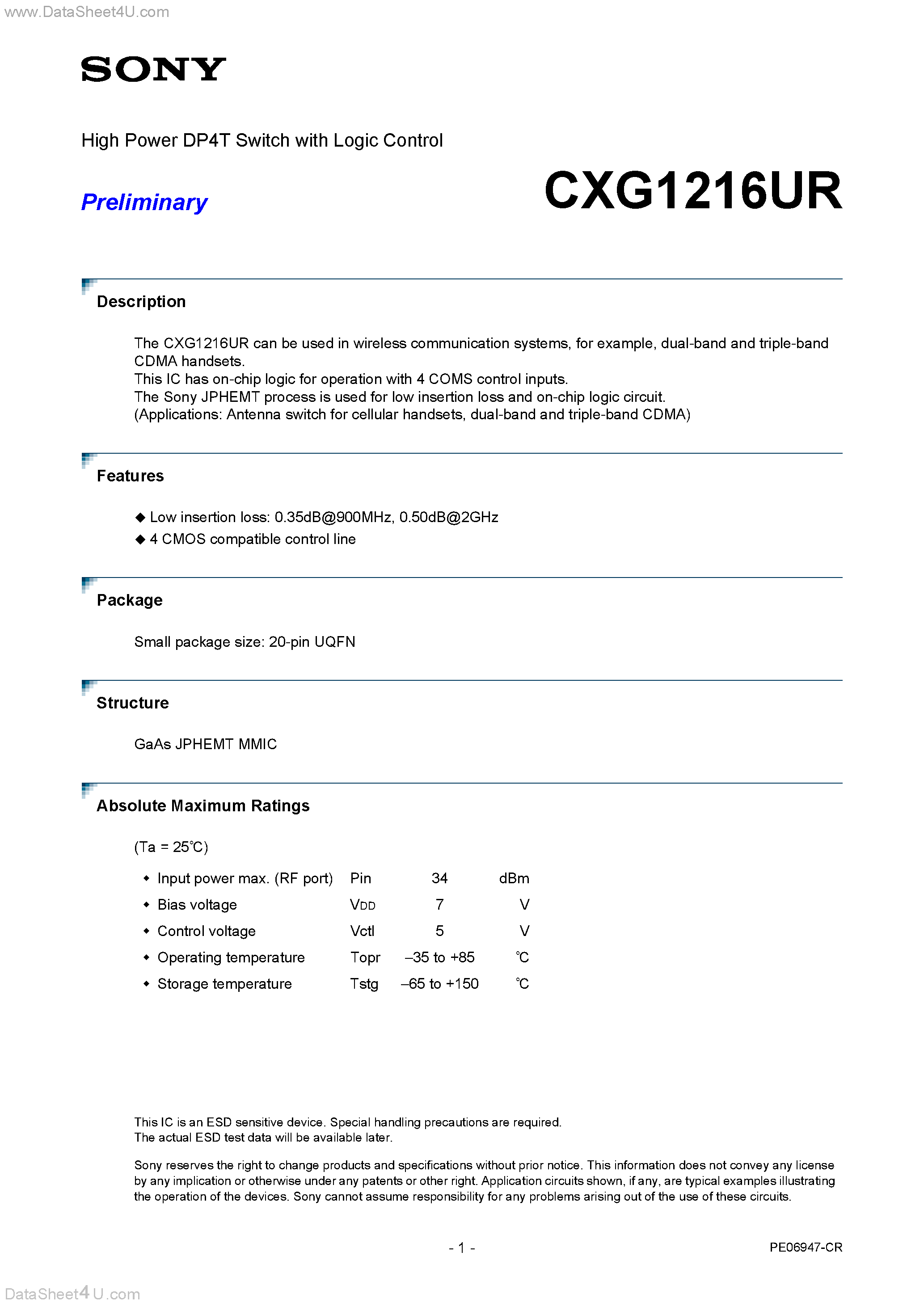 Даташит на микросхему CXG1216UR страница 1 Даташит CXG1216UR - High Power DP4T Switch страница 1