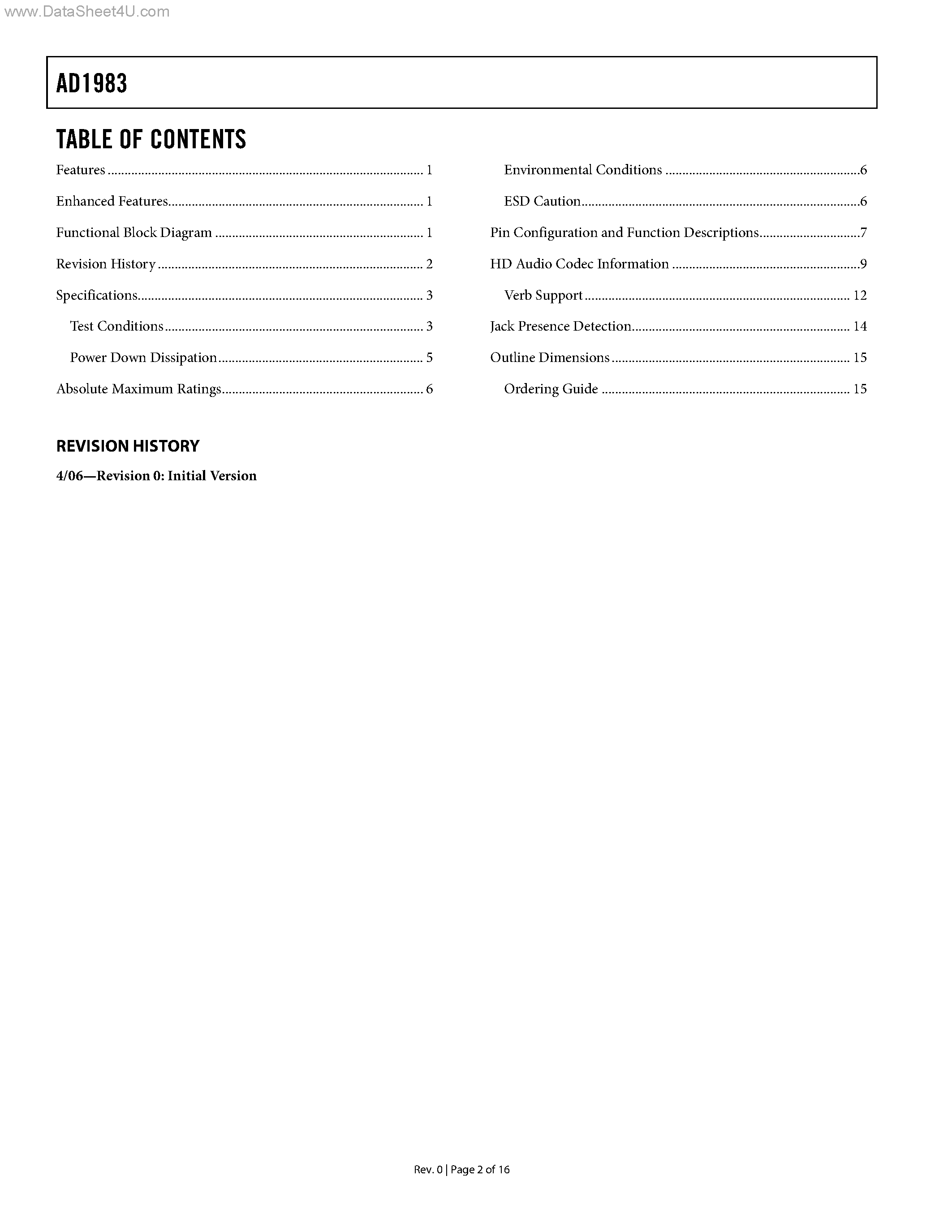 Datasheet AD1983 page 2 Datasheet AD1983 - HD Audio SoundMAX Codec page 2