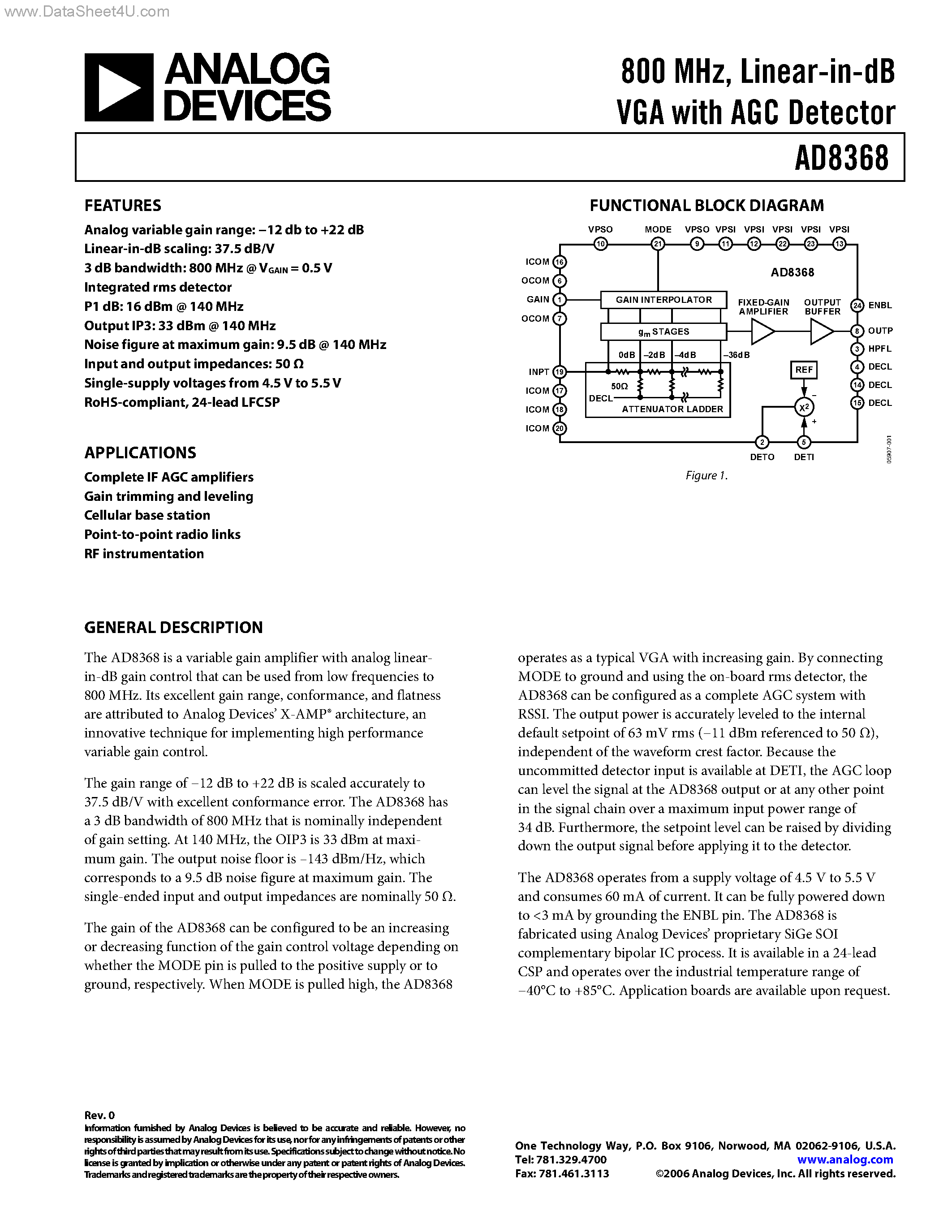 Datasheet AD8368 page 1 Datasheet AD8368 - Linear-in-dB VGA with AGC Detector page 1