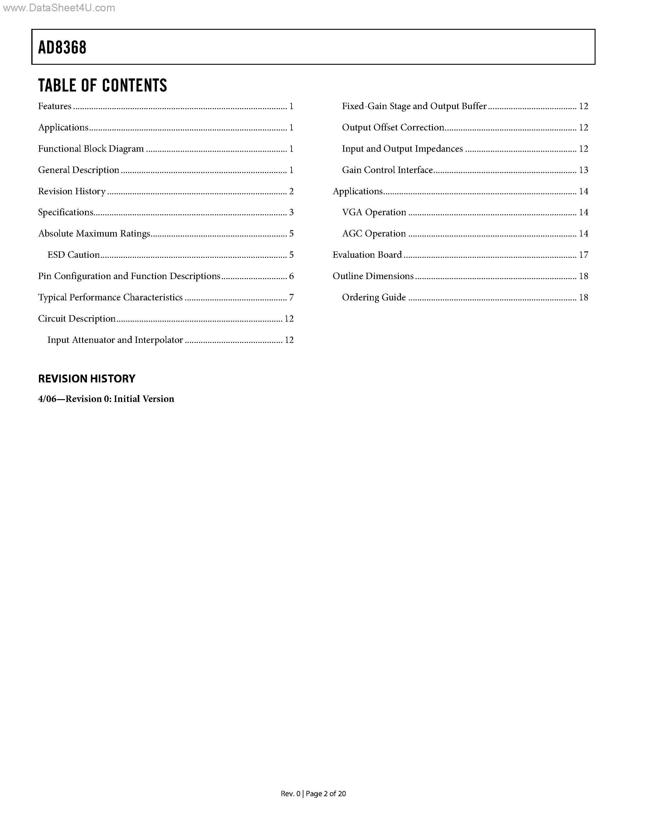 Datasheet AD8368 page 2 Datasheet AD8368 - Linear-in-dB VGA with AGC Detector page 2