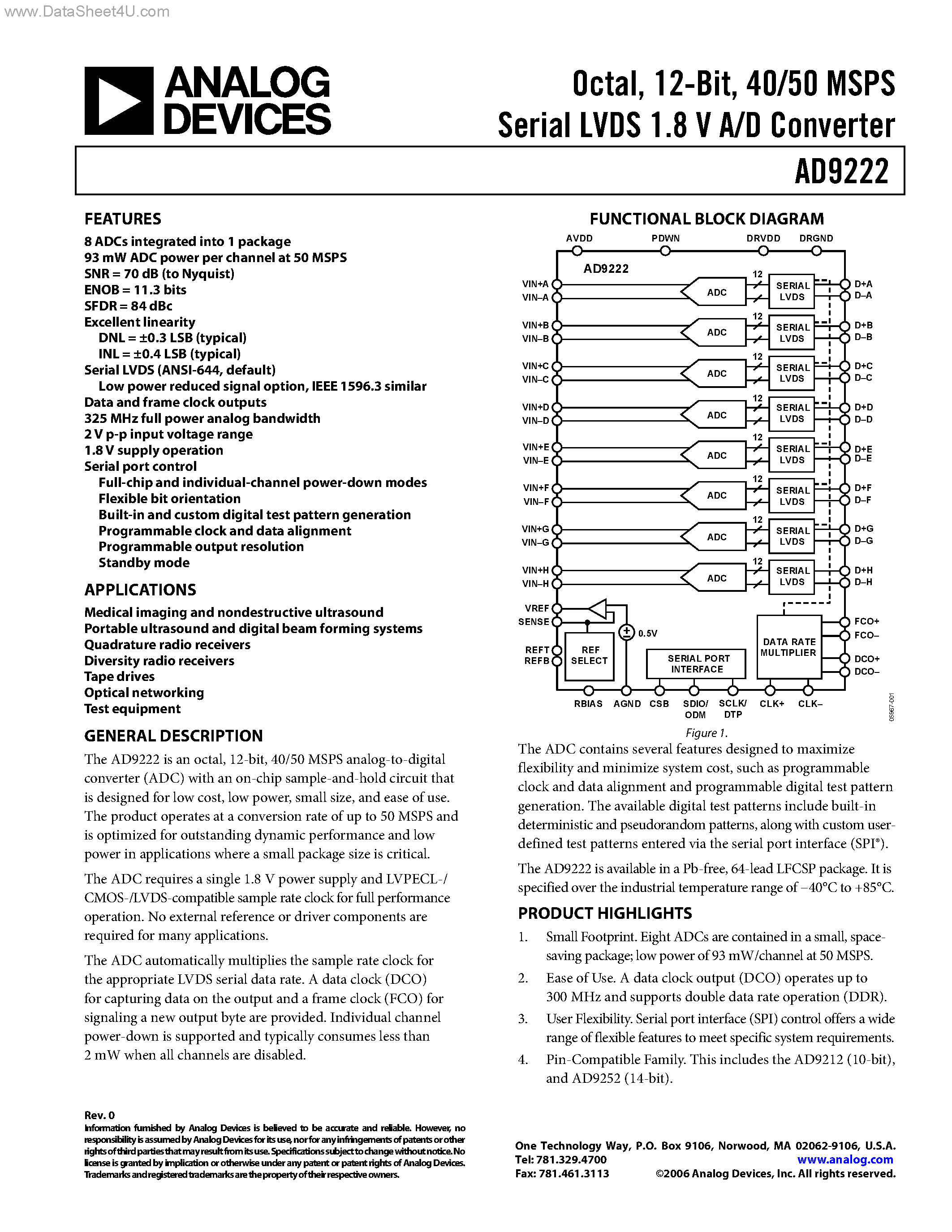 Datasheet AD9222 - 40/50 MSPS Serial LVDS 1.8 V A/D Converter page 1