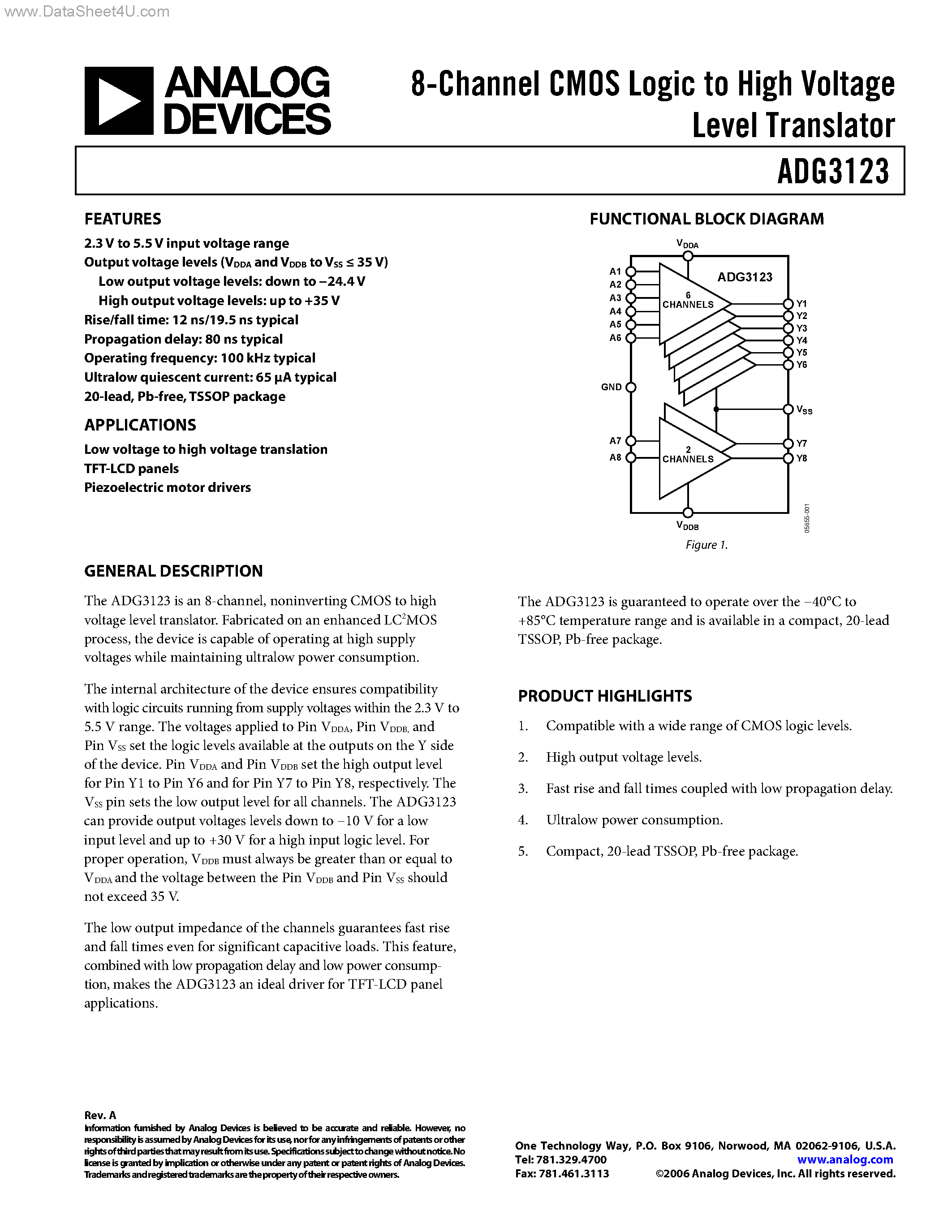 Даташит на микросхему ADG3123 страница 1 Даташит ADG3123 - 8-Channel CMOS Logic to High Voltage Level Translator страница 1