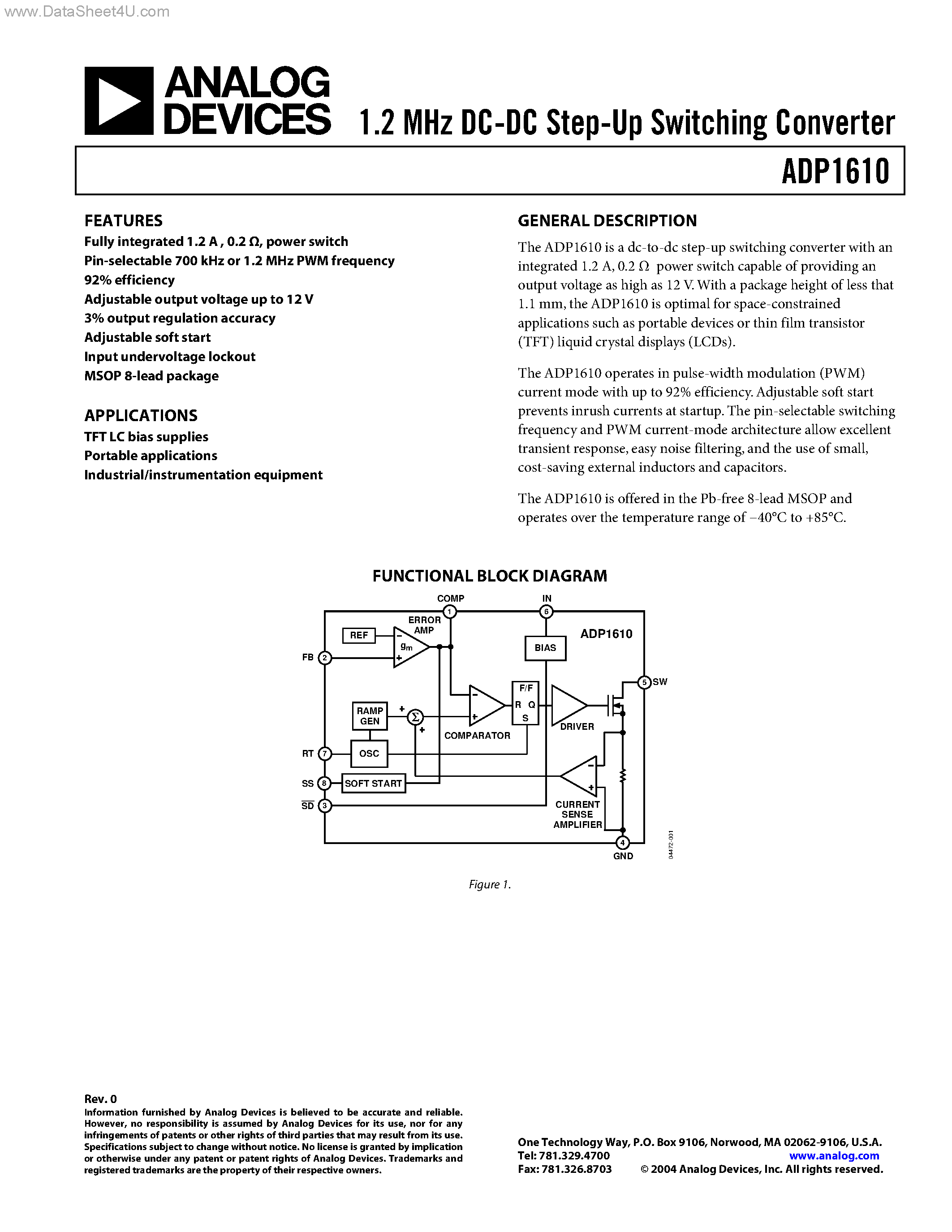 Даташит на микросхему ADP1610 страница 1 Даташит ADP1610 - 1.2 MHz DC-DC Step-Up Switching Converter страница 1