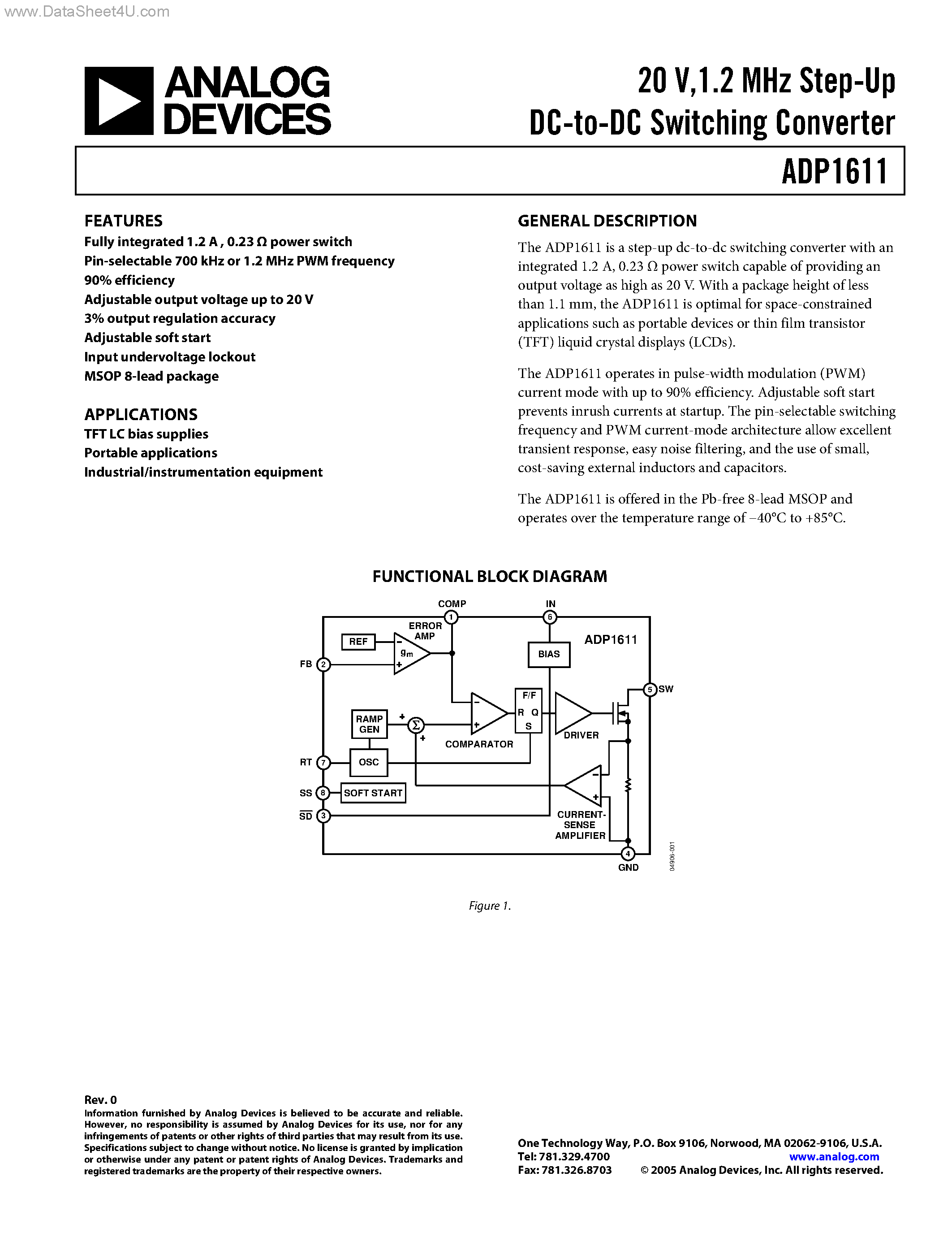Datasheet ADP1611 page 1 Datasheet ADP1611 - 1.2 MHz Step-Up DC-to-DC Switching Converter page 1