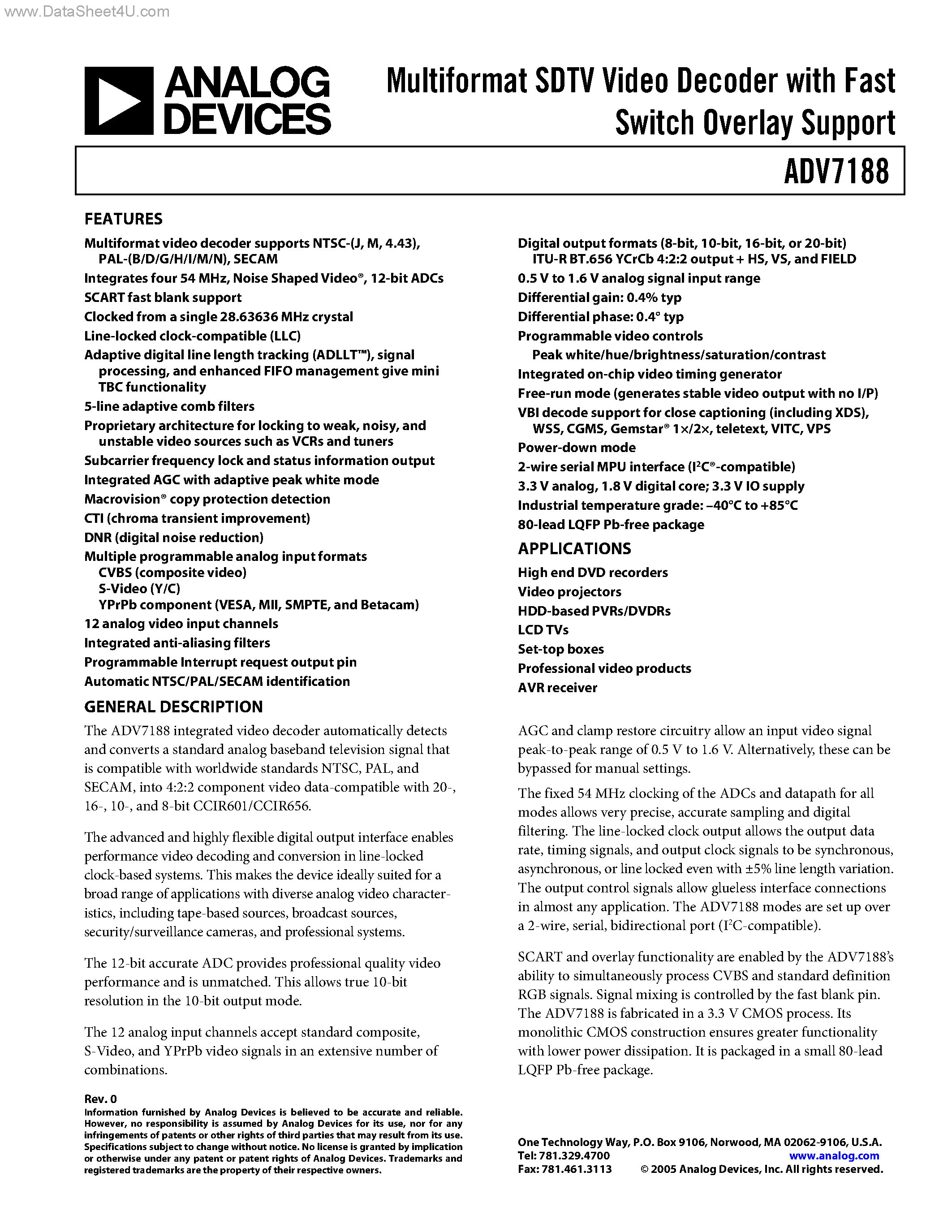 Datasheet ADV7188 - Multiformat SDTV Video Decoder page 1