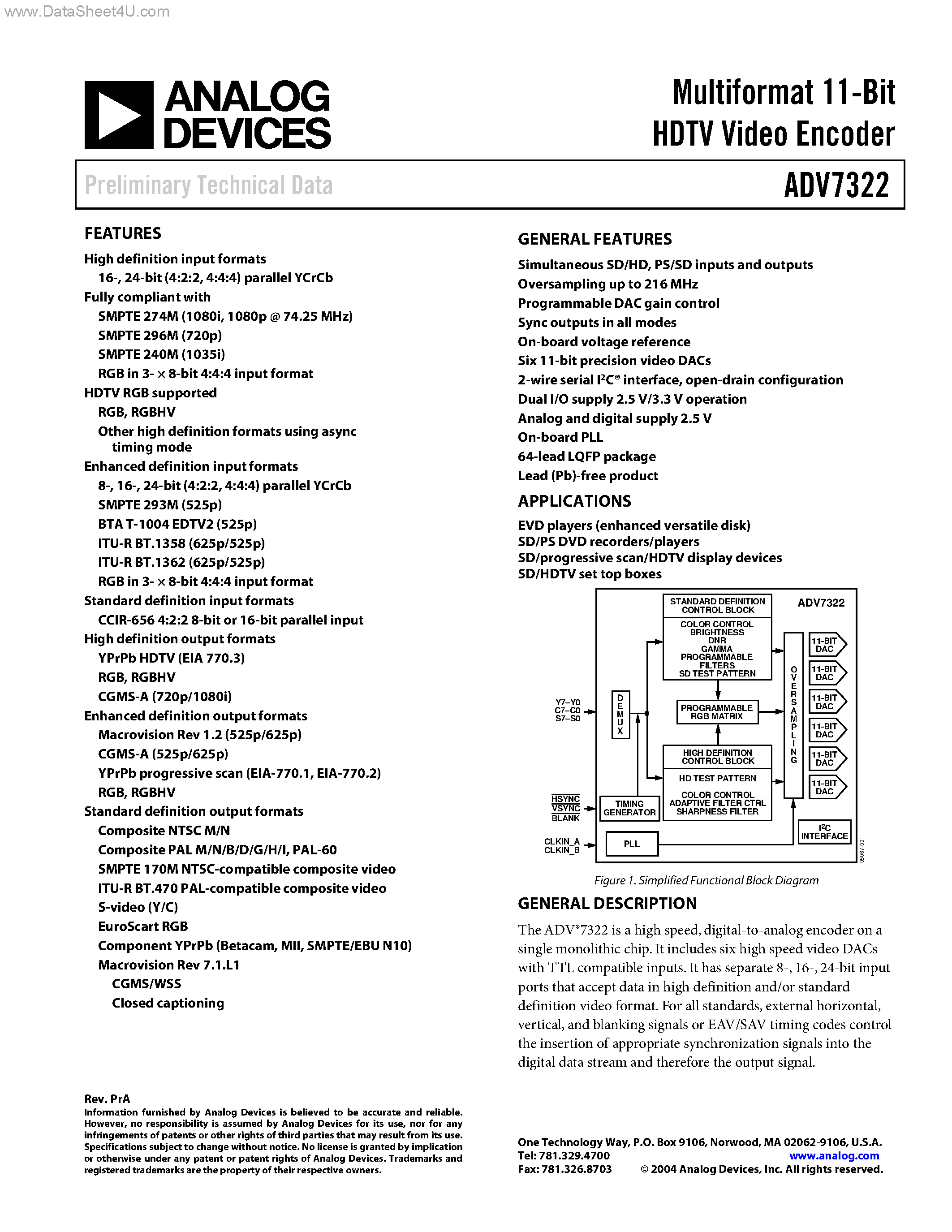 Даташит ADV7322 - Multiformat 11-Bit HDTV Video Encoder страница 1
