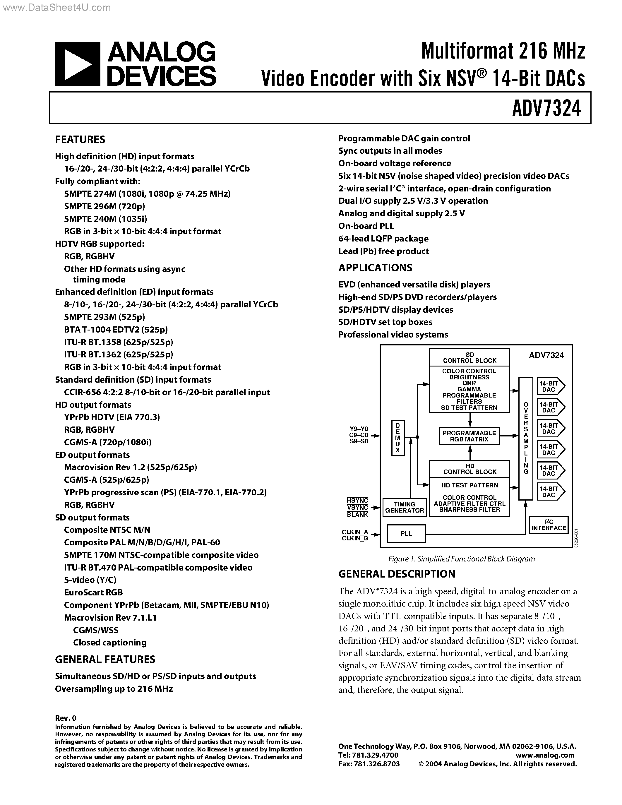 Datasheet ADV7324 - Multiformat 216 MHz Video Encoder page 1