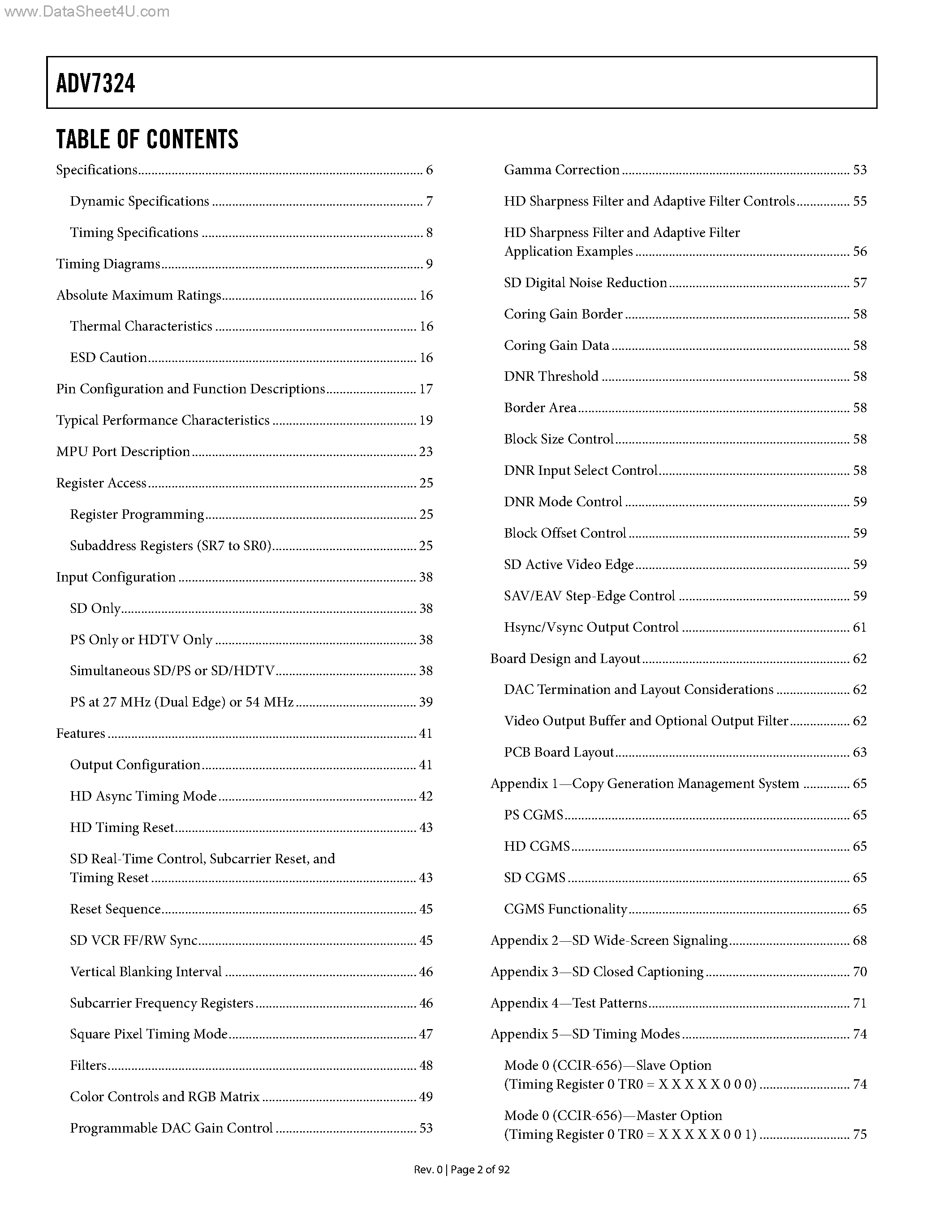 Datasheet ADV7324 - Multiformat 216 MHz Video Encoder page 2
