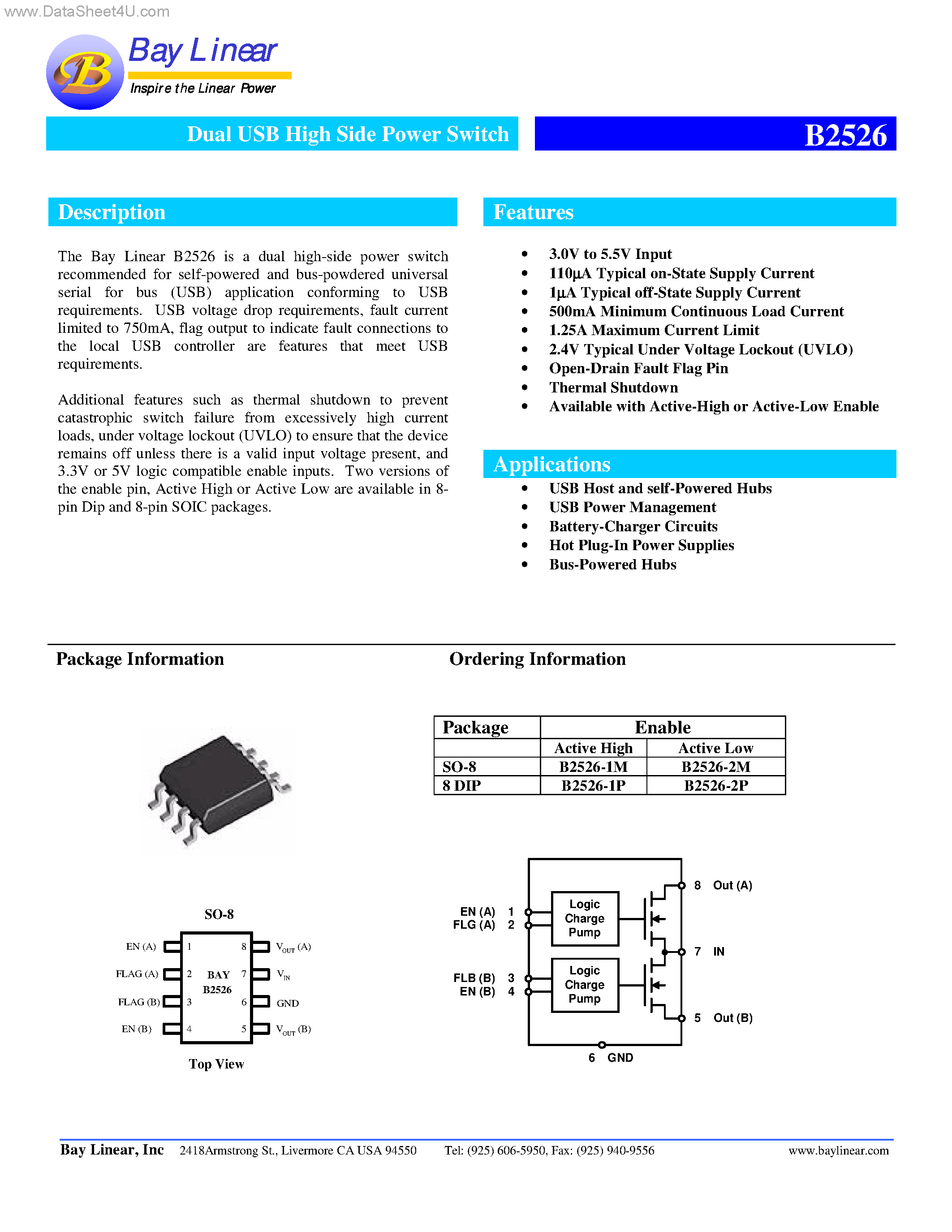 Даташит на микросхему B2526 страница 1 Даташит B2526 - Dual USB High Side Power Switch страница 1
