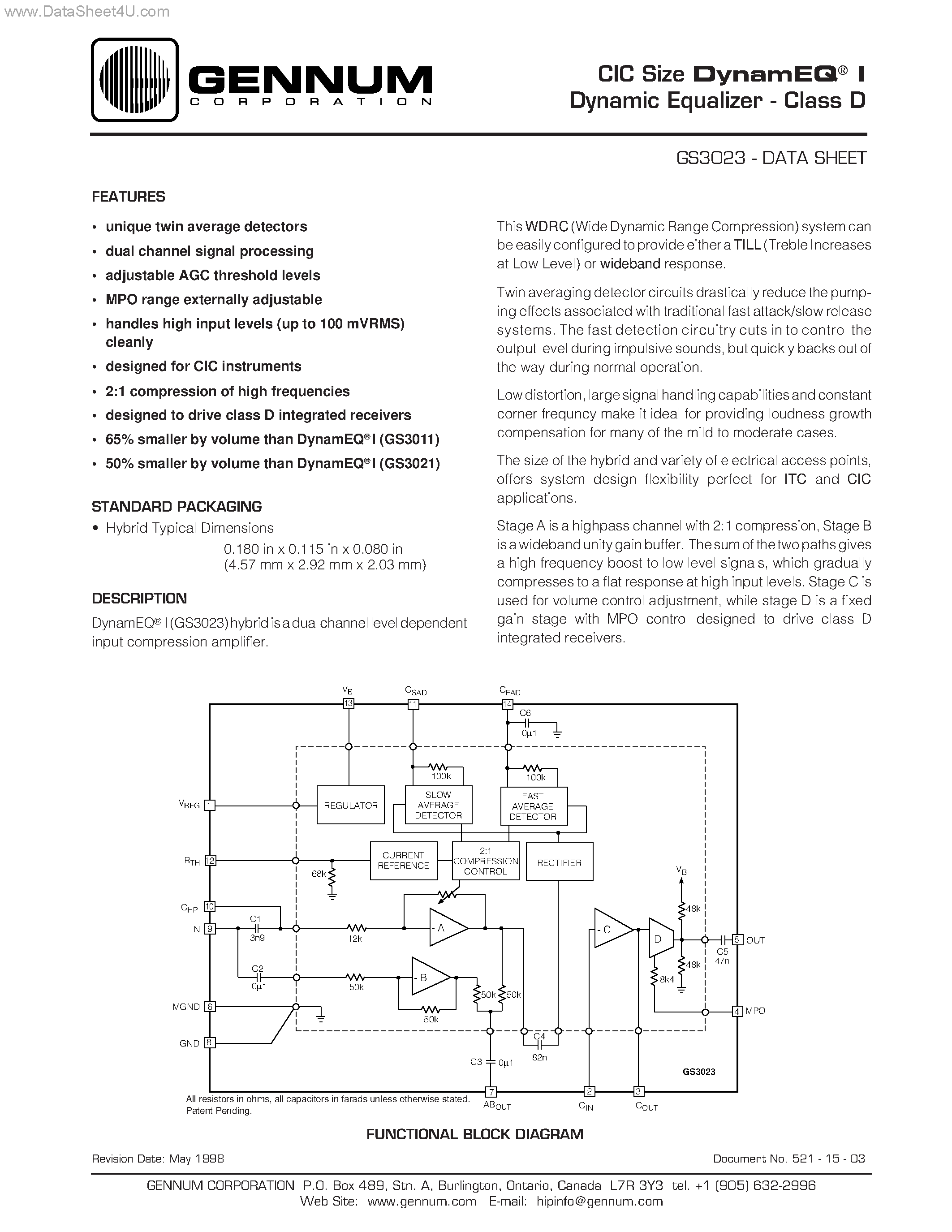 Datasheet GS3023 - CIC Size DynamEQ I Dynamic Equalizer - Class D page 1