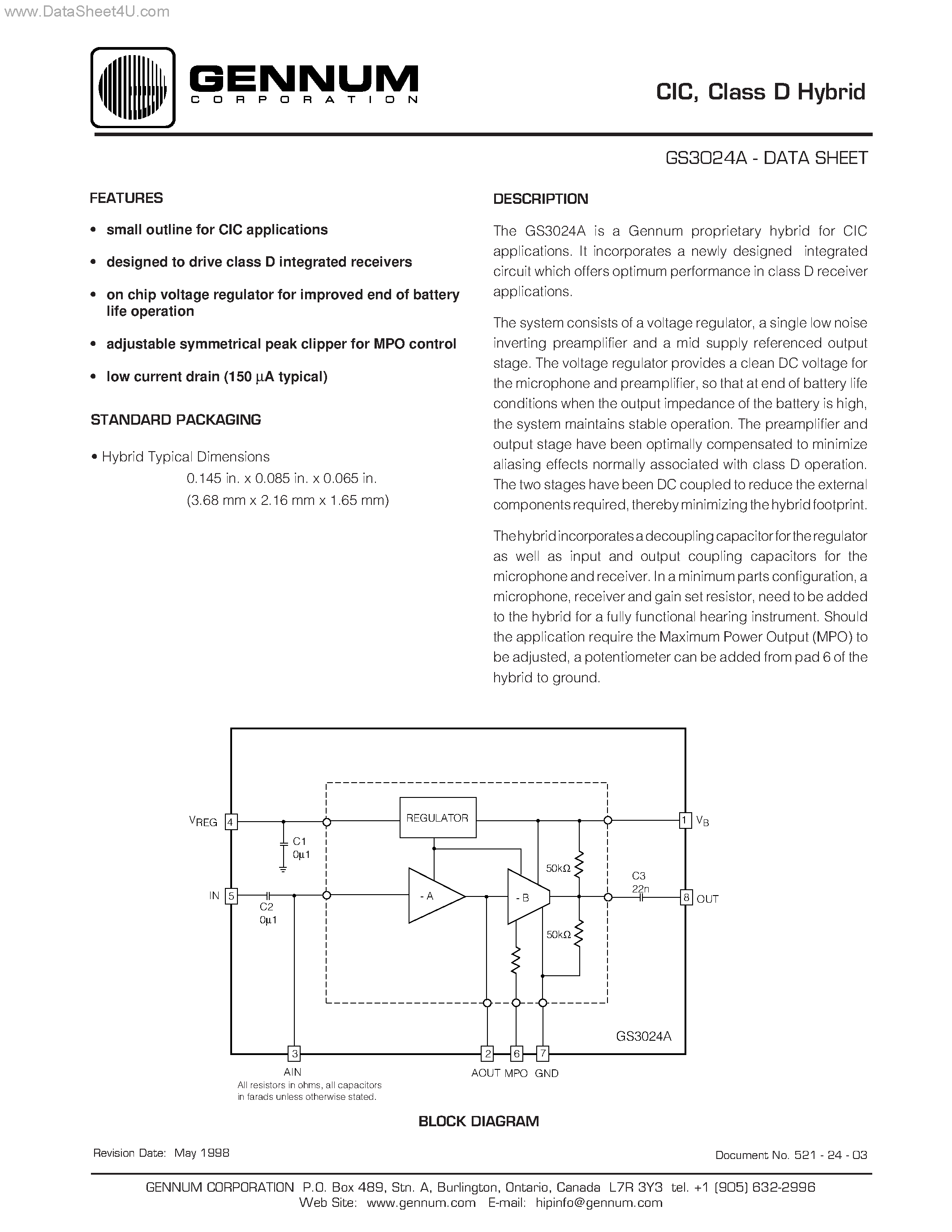 Даташит на микросхему GS3024A страница 1 Даташит GS3024A - CLASS D HYBRID страница 1