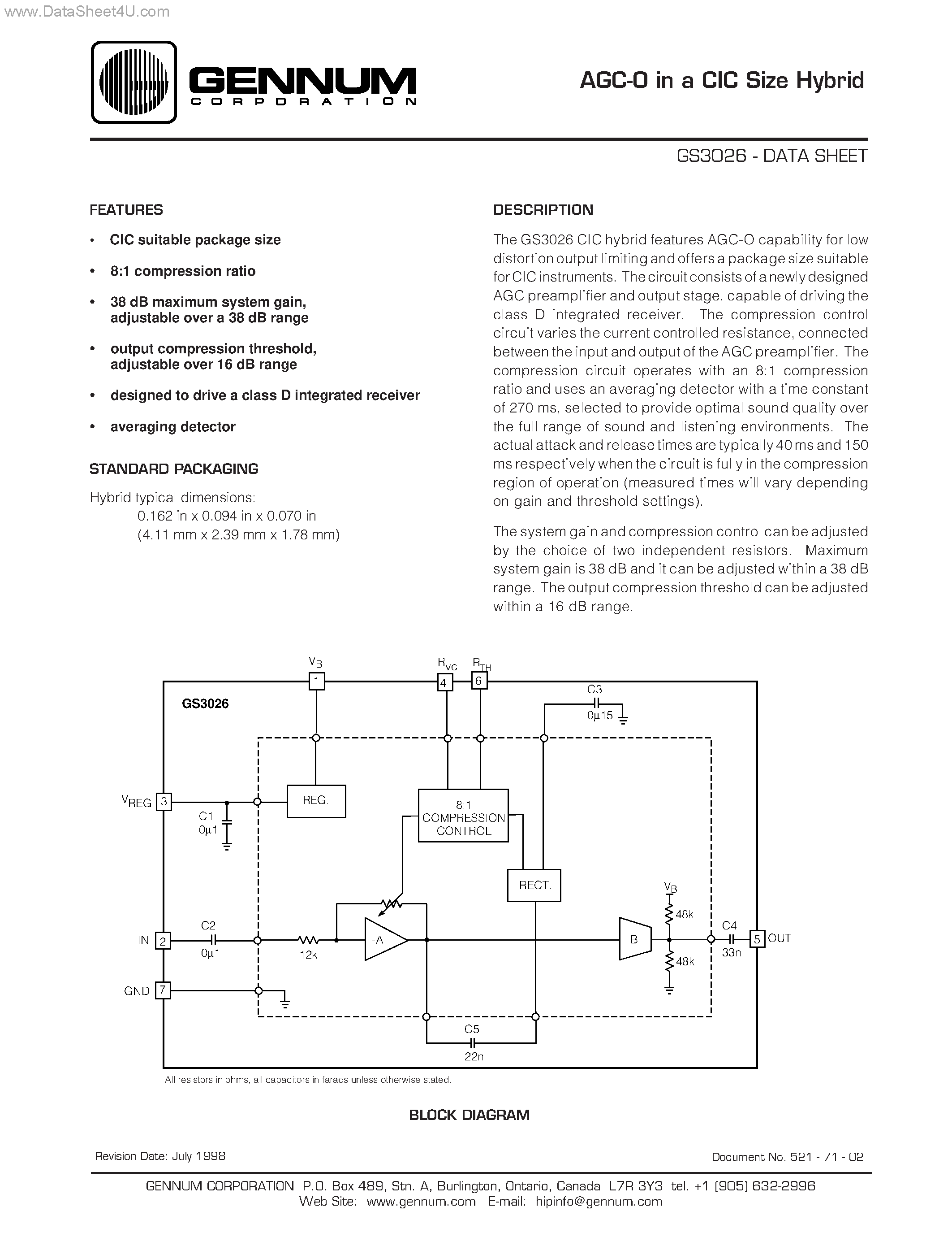 Datasheet GS3026 - AGC-O in a CIC Size Hybrid page 1