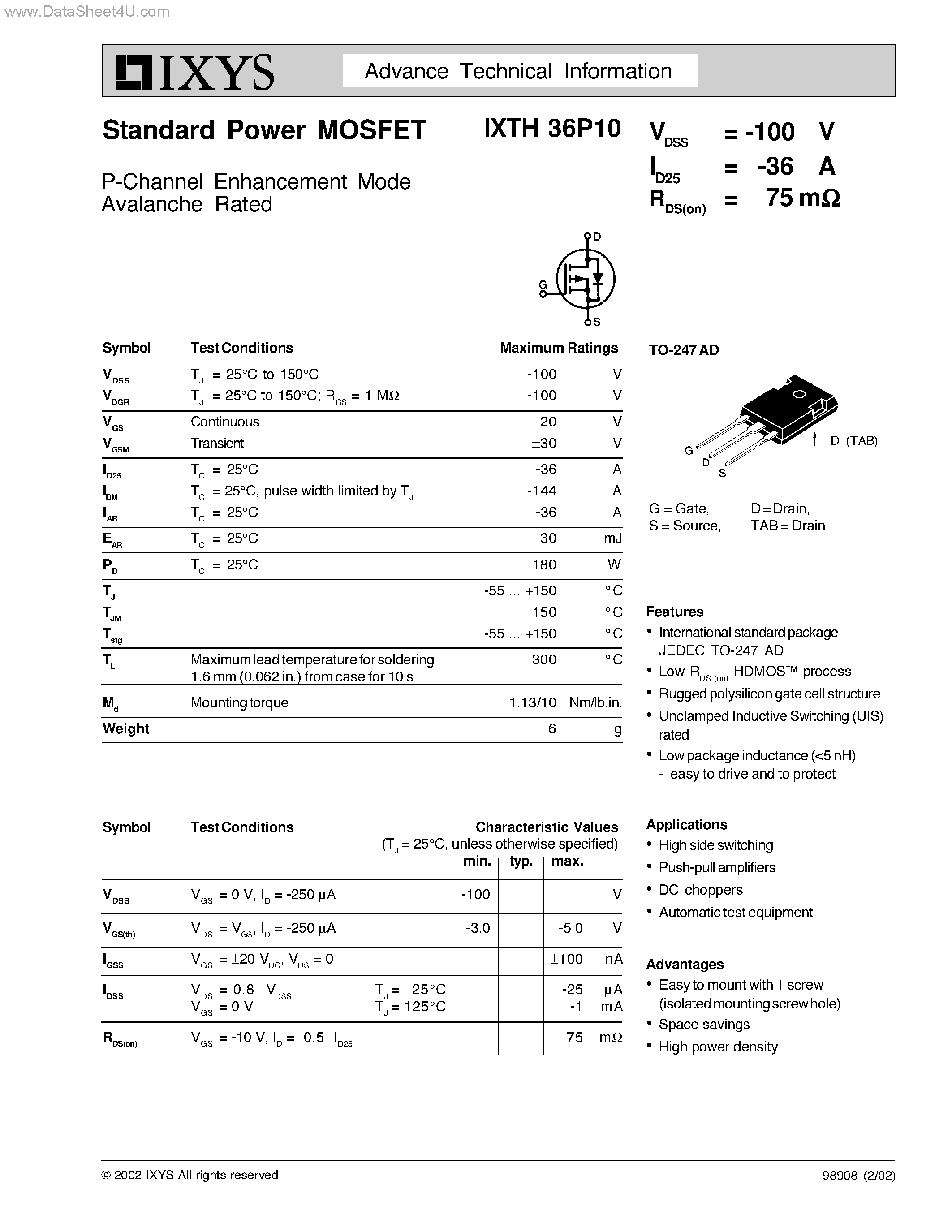 Даташит на микросхему IXTH36P10 страница 1 Даташит IXTH36P10 - Standard Power MOSFET страница 1