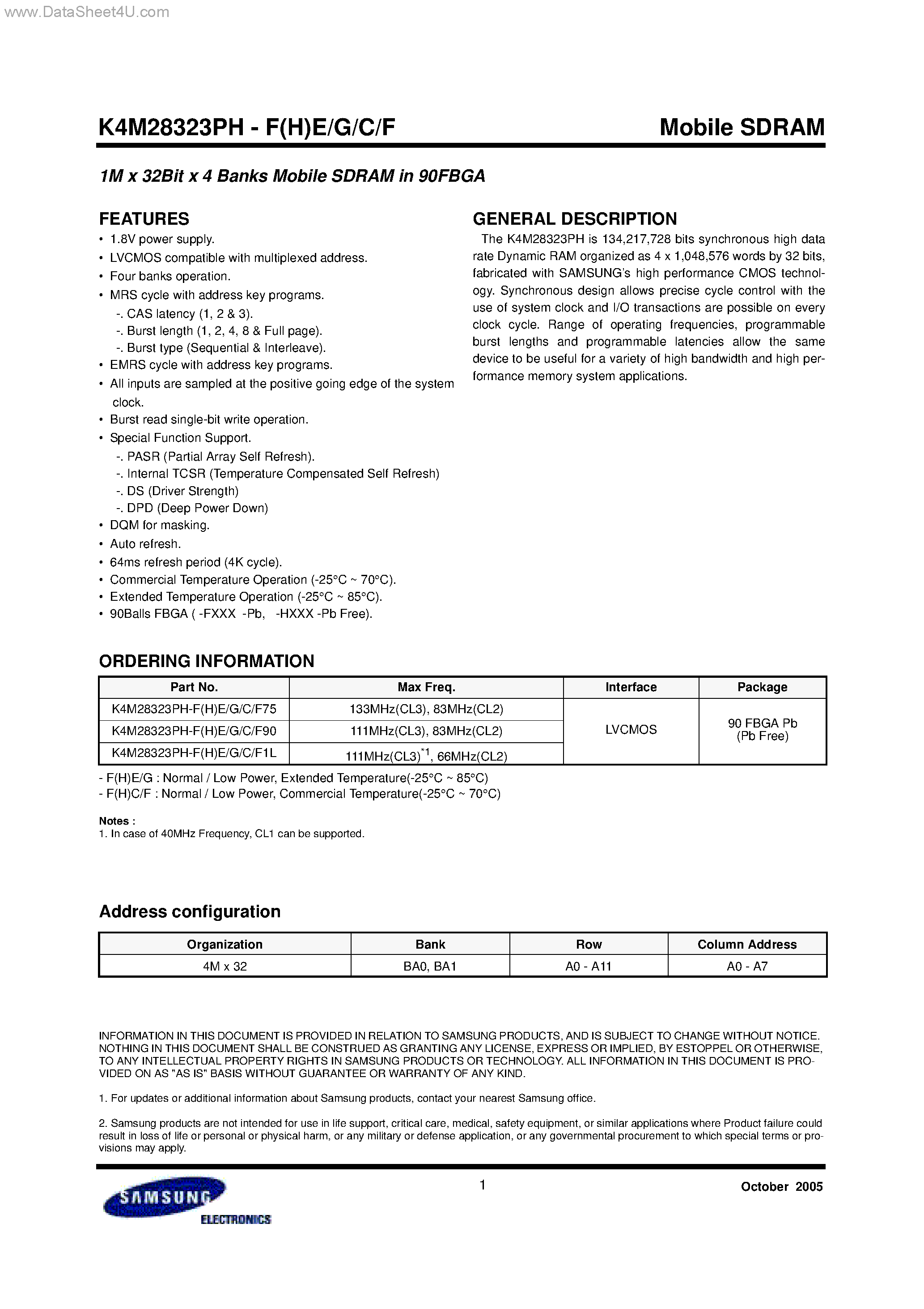 Datasheet K4M28323PH page 1 Datasheet K4M28323PH - 1M x 32Bit x 4 Banks Mobile SDRAM page 1