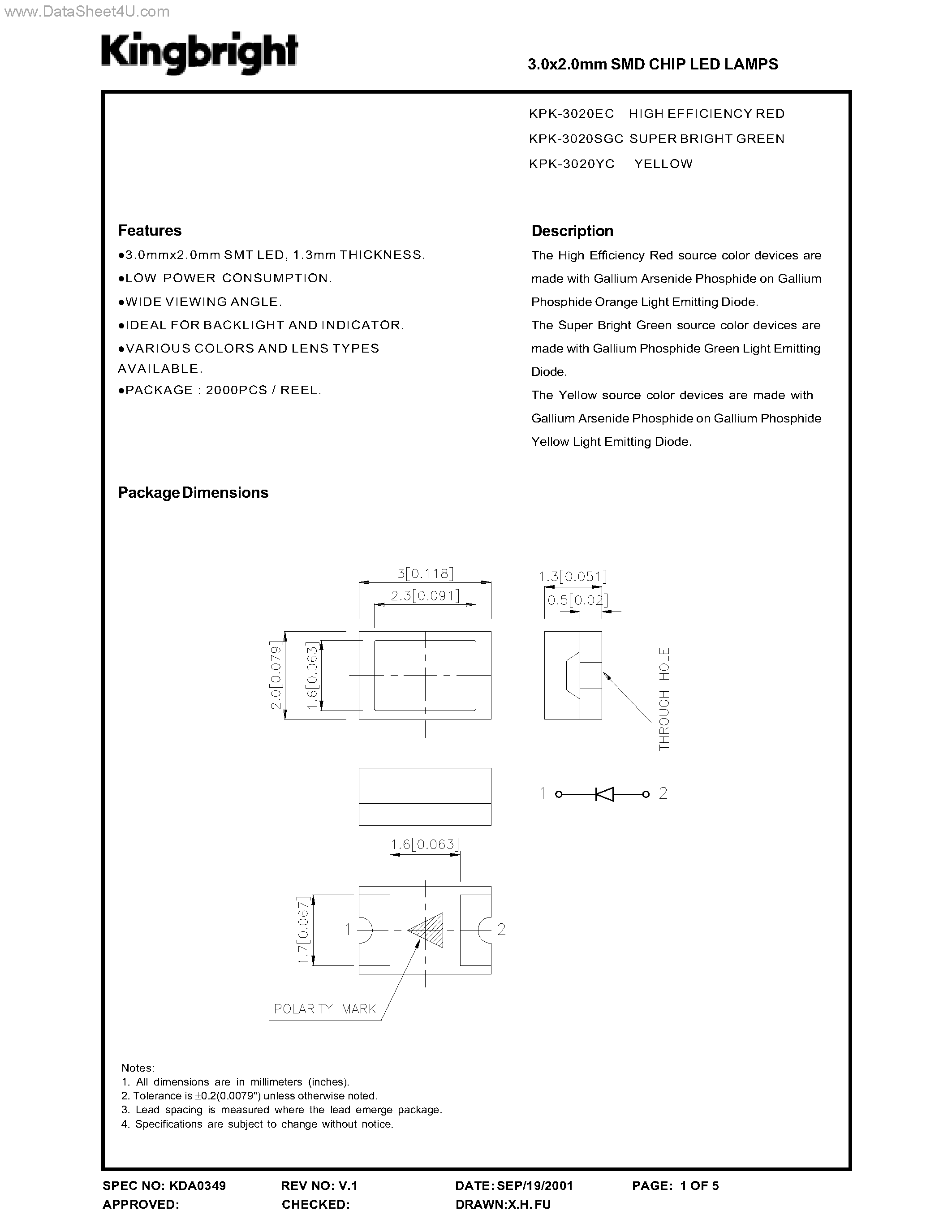 Даташит KPK-3020EC - 3.0x2.0mm SMD CHIP LED LAMPS страница 1