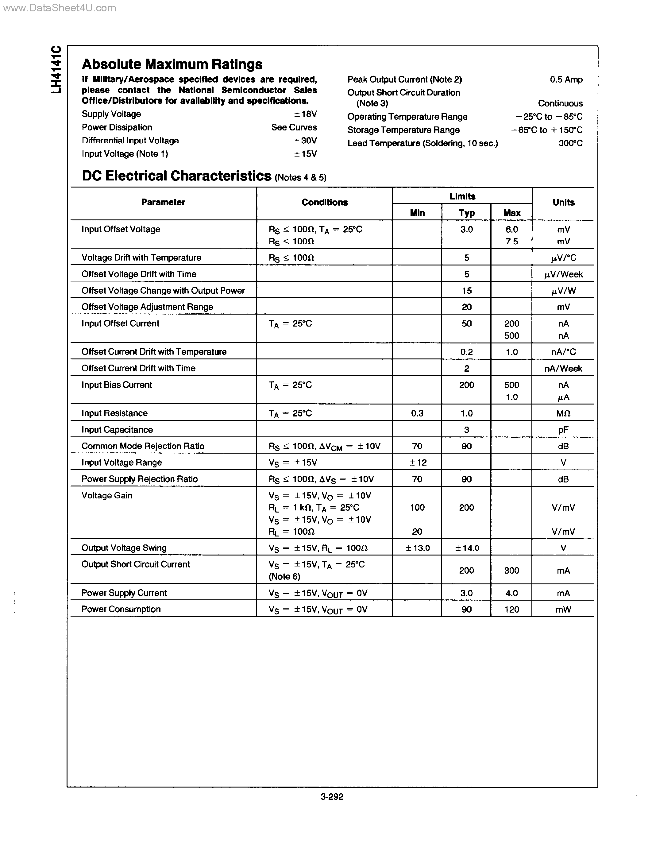 Datasheet LH4141C - 0.2 AMP POWER OPERATIONAL AMPLIFIER page 2