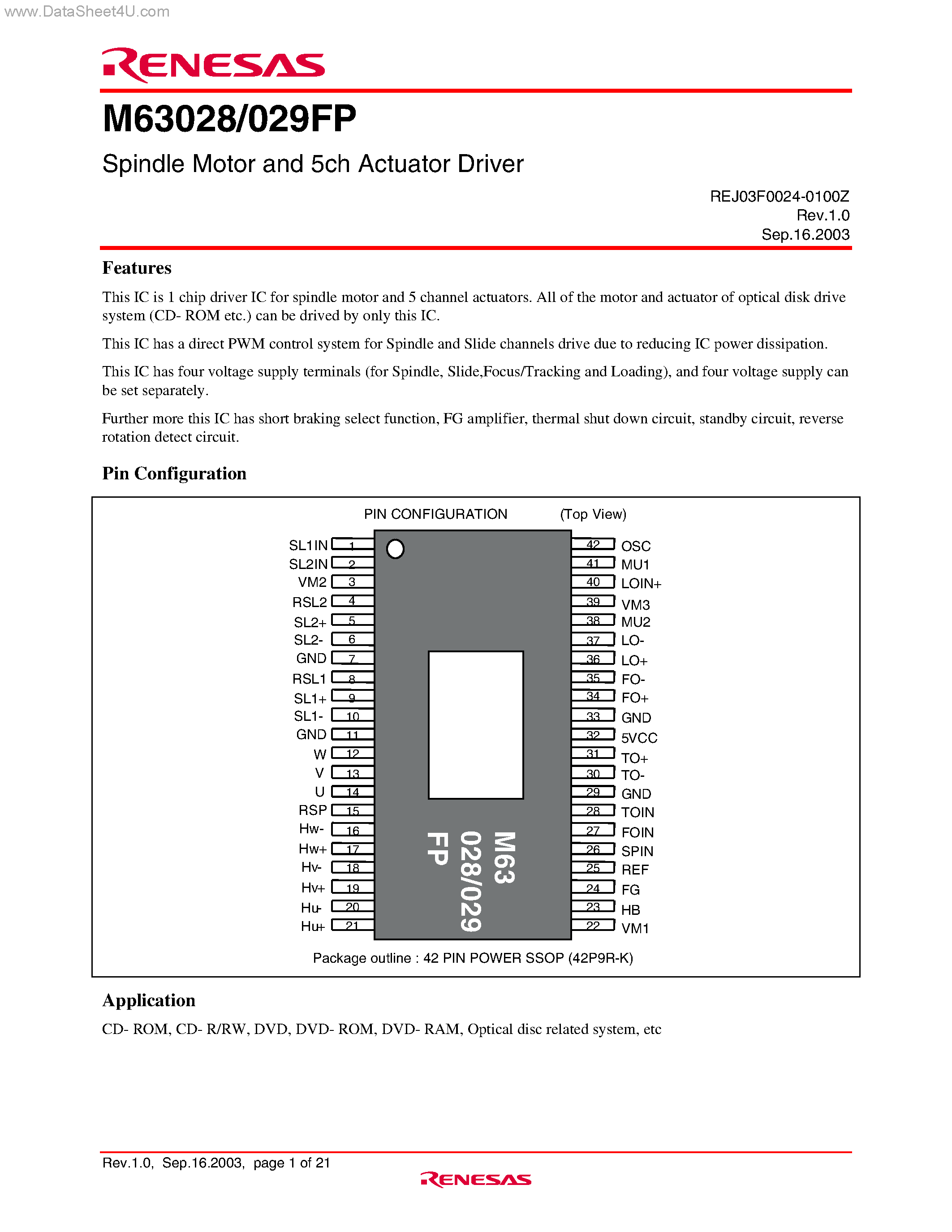 Datasheet M63028 page 1 Datasheet M63028 - (M63028 / M63029) Spindle Motor and 5ch Actuator Driver page 1