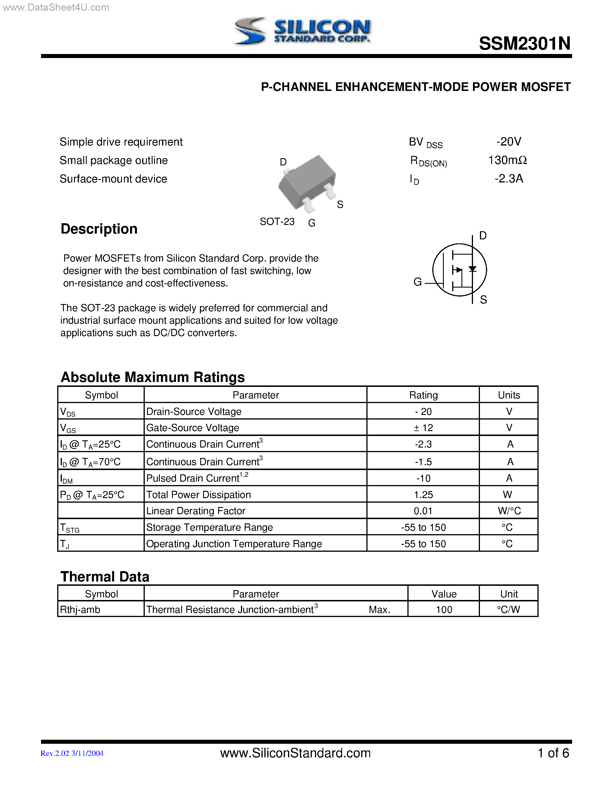 Datasheet SSM2301N - P-CHANNEL ENHANCEMENT-MODE POWER MOSFET page 1